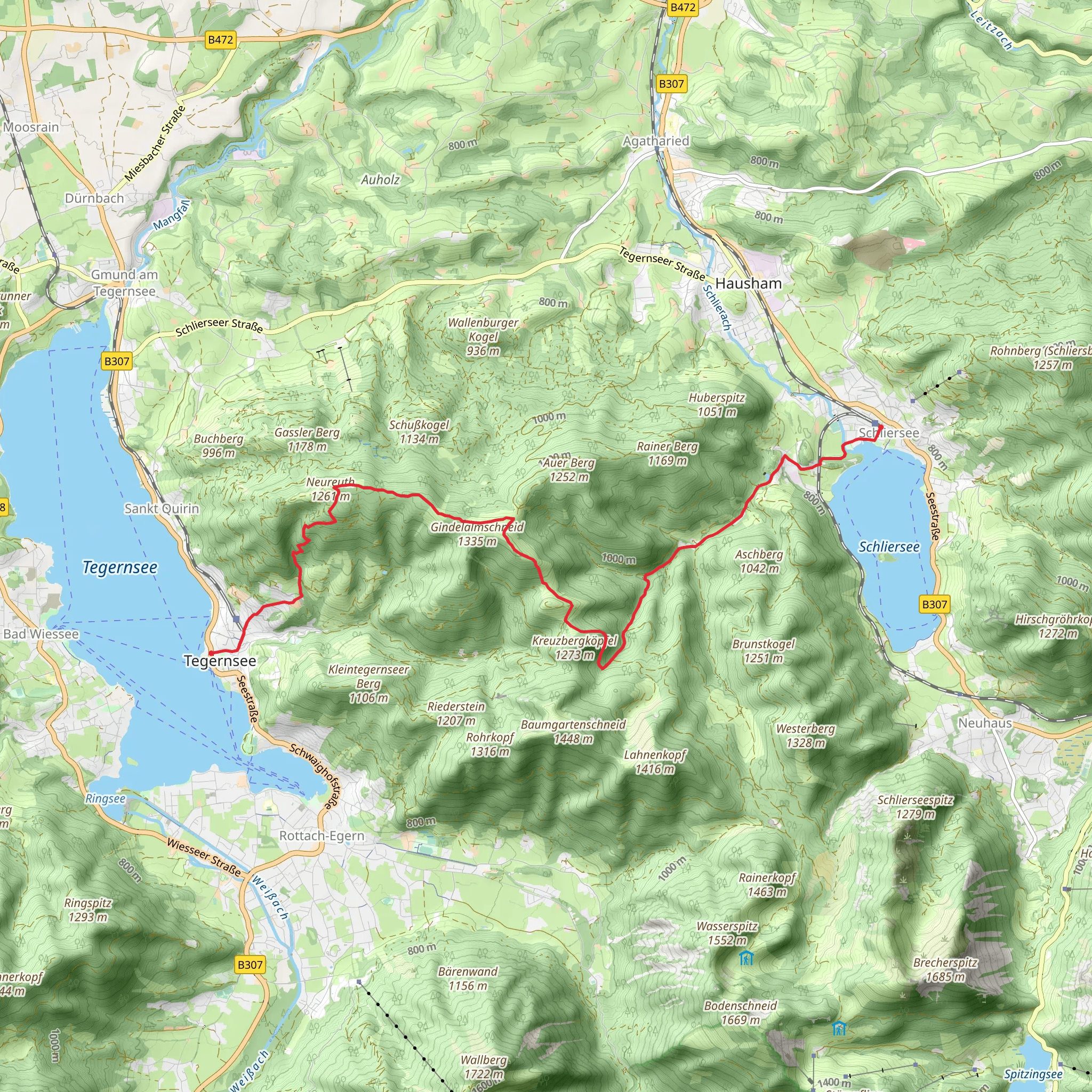 Schliersee to Tegernsee Walk via Hennererstraße mobile static map