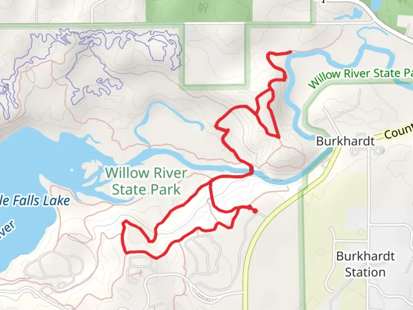 An image depicting the trail Pioneer trail and Willow Falls Trail and Burkhardt Loop Trail and its surrounding area.
