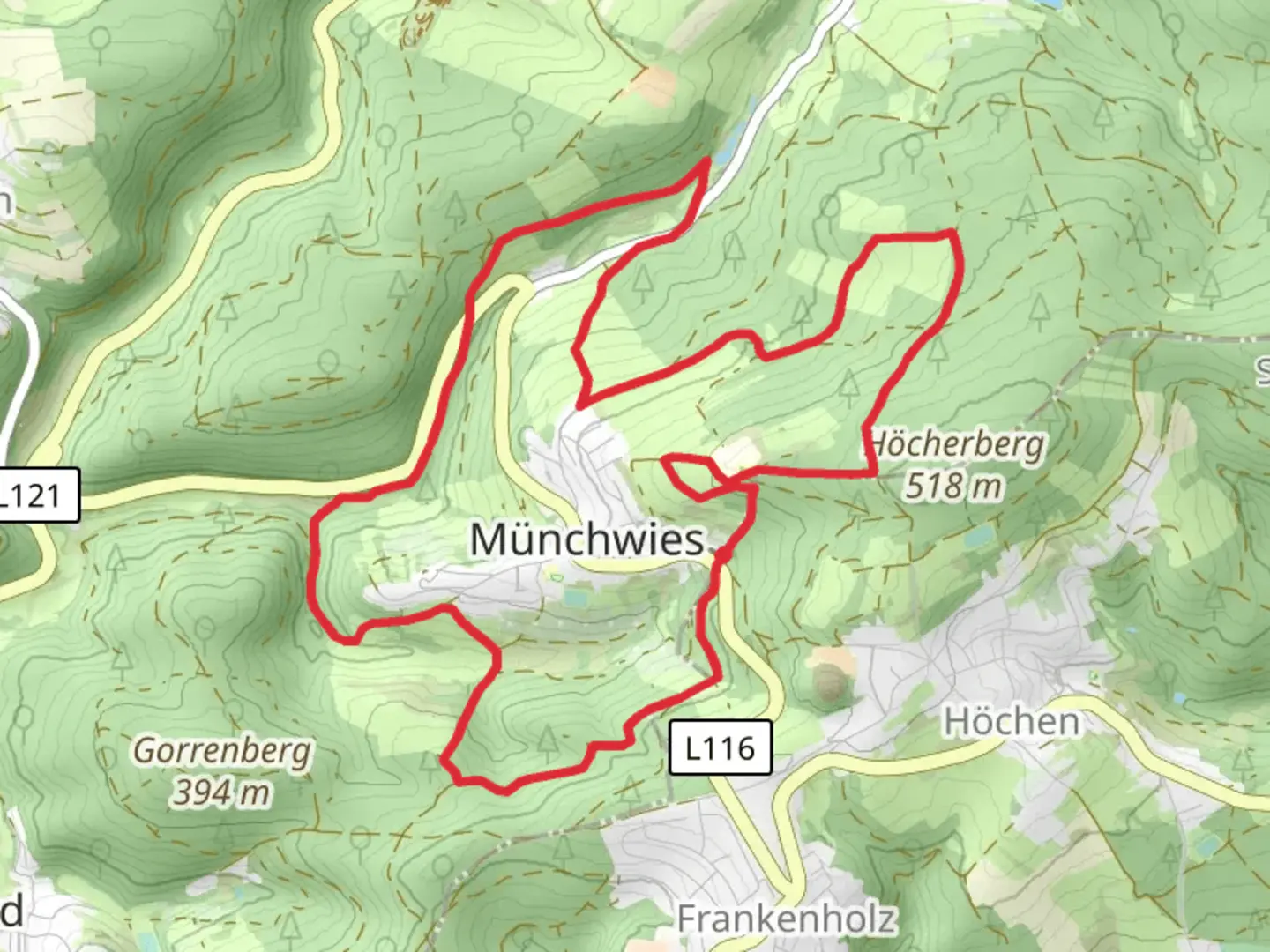 An image depicting the trail Münchwies Loop via Eichelthaler Muhle and its surrounding area.