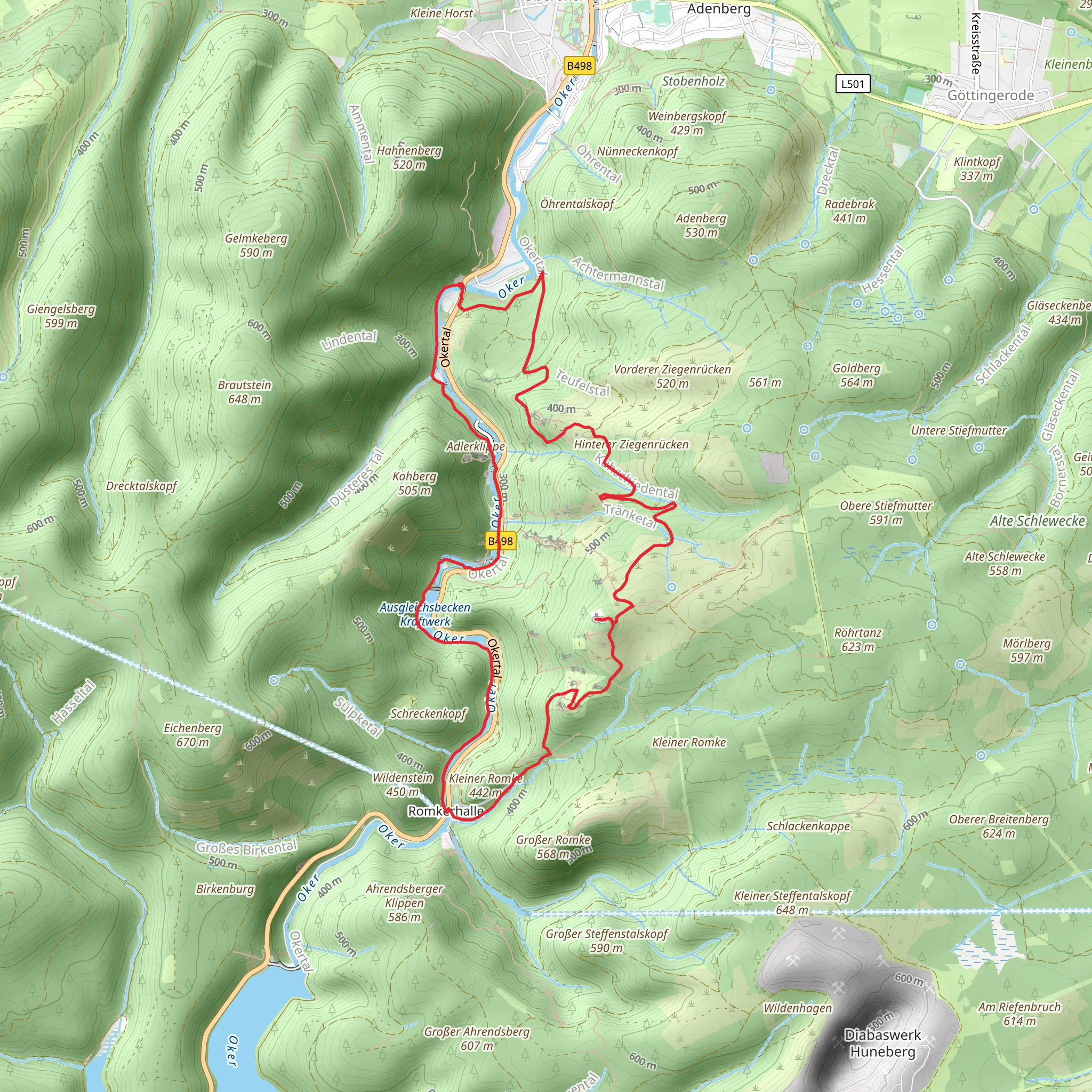 Adlerklippe Aussichtsturm, Ausgleichsbecken Kraftwerk, Romkerhaller Wasserfall and Huthberg Loop mobile static map