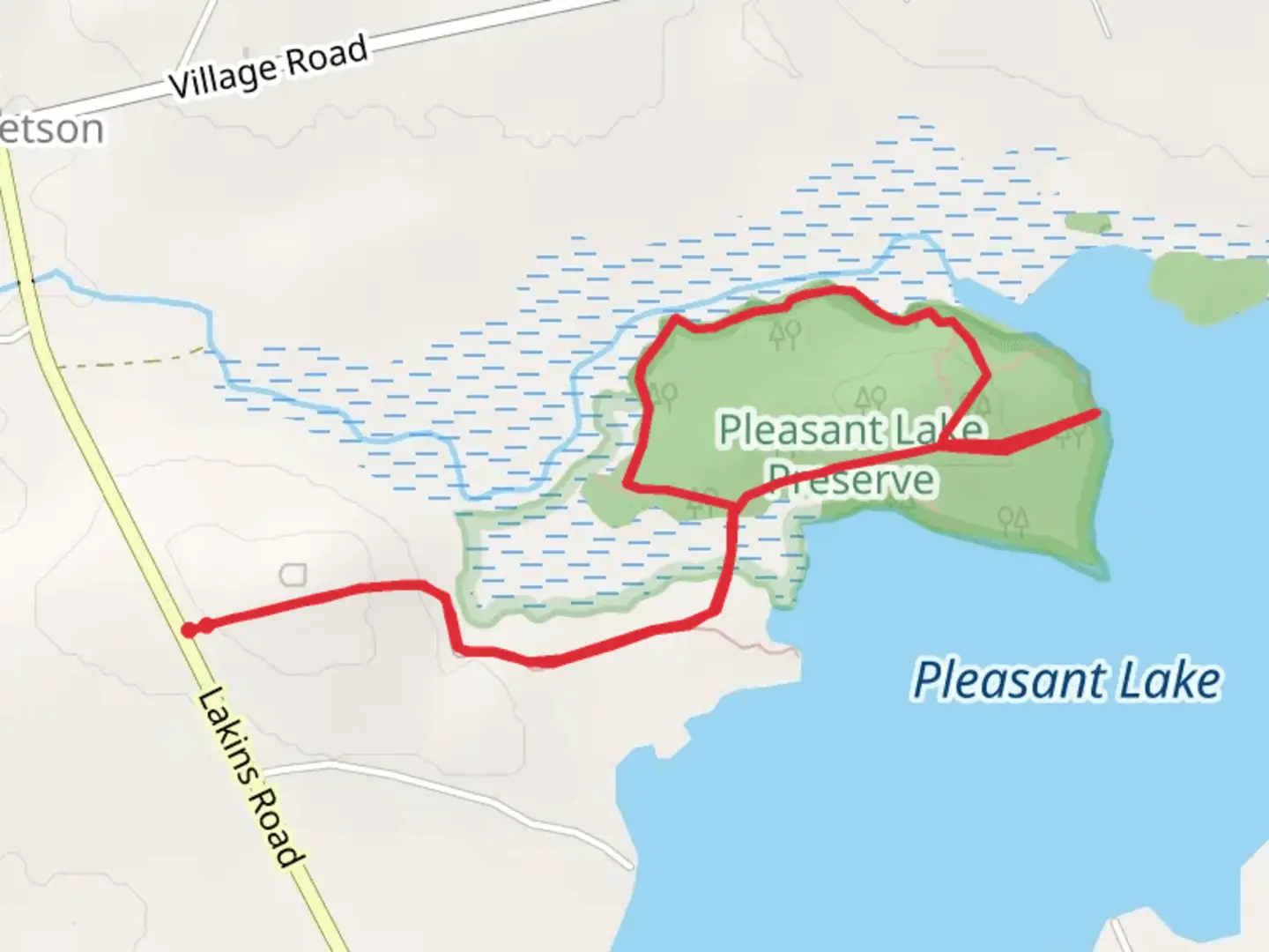 An image depicting the trail Stetson Stream Loop from Lakins Road and its surrounding area.