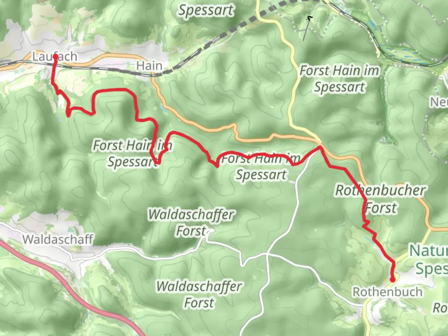 An image depicting the trail Rothenbuch to Laufach via Seebachtal Hain and its surrounding area.