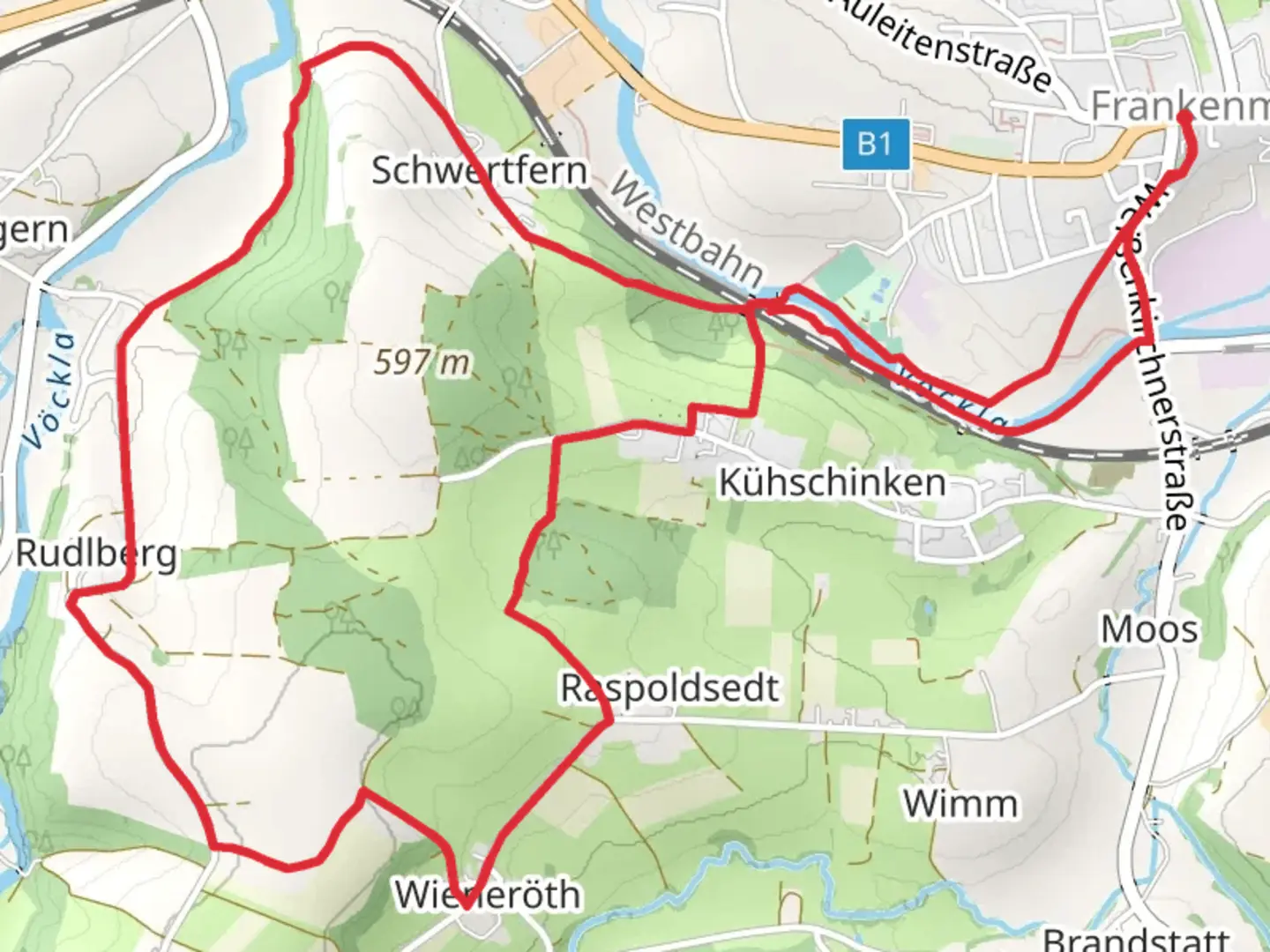 An image depicting the trail Frankenmarkt Loop - To the High Cross and its surrounding area.