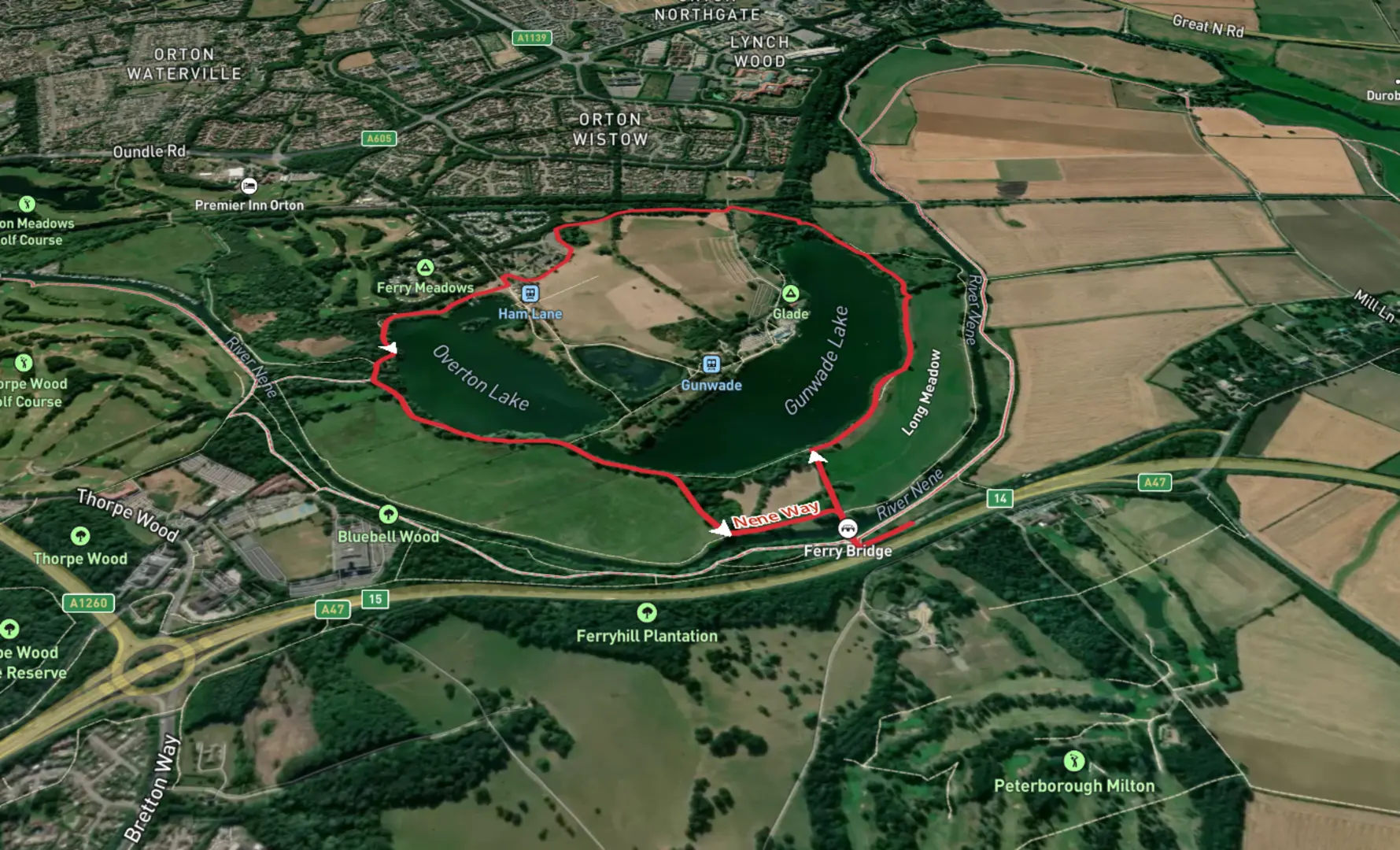 An image depicting the trail Gunwade, Overton and Ferry Meadows Loop and its surrounding area.