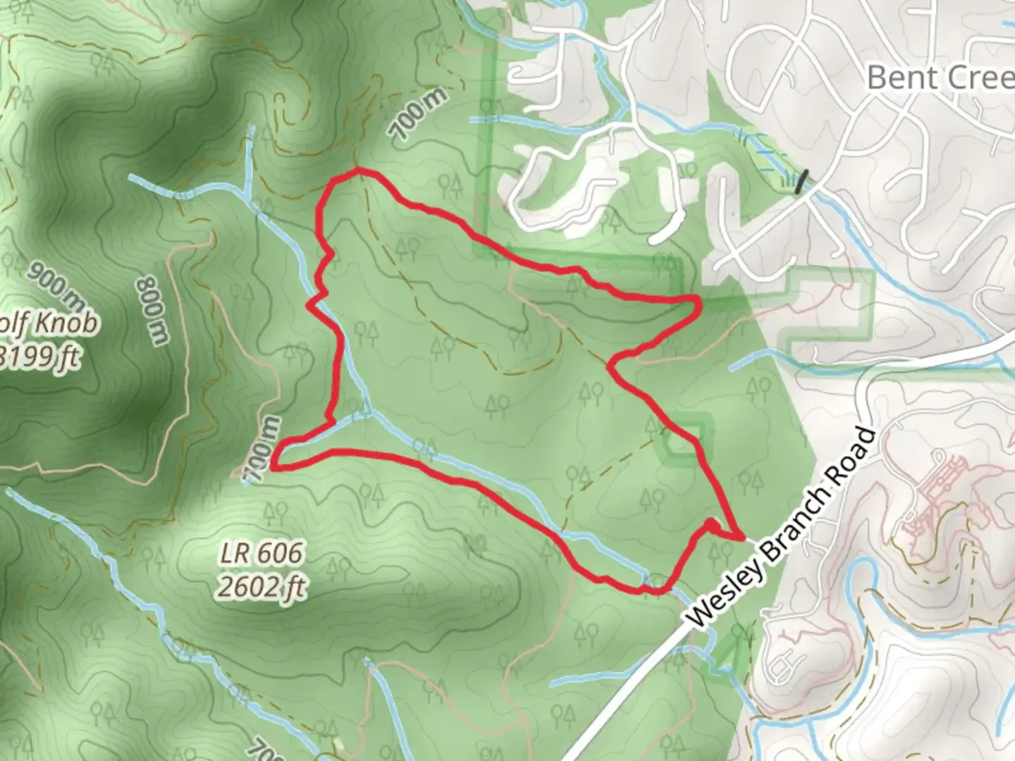 An image depicting the trail Corvair and Wolf Branch Loop Trail and its surrounding area.