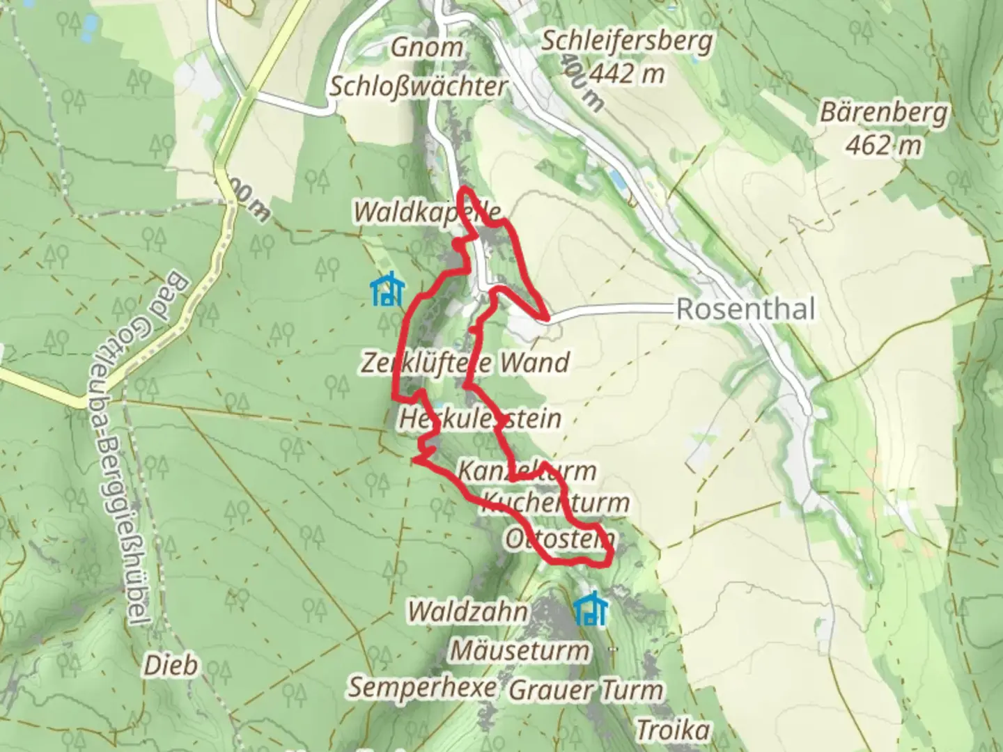 An image depicting the trail Rosengarten, Bielablick and Johanniswacht via Gruener Punkt and its surrounding area.