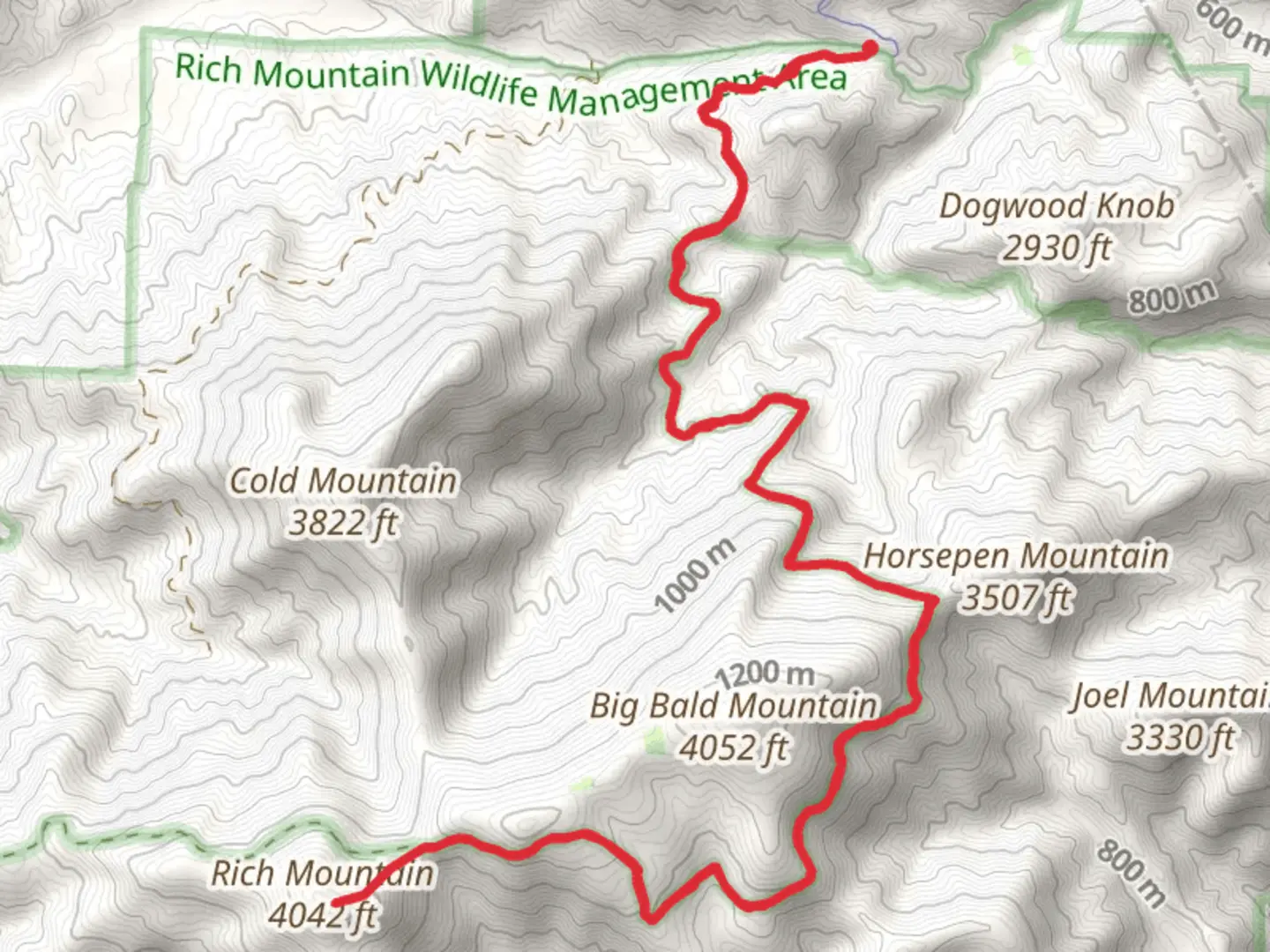 An image depicting the trail Rich Mountain from Rock Creek Road and its surrounding area.