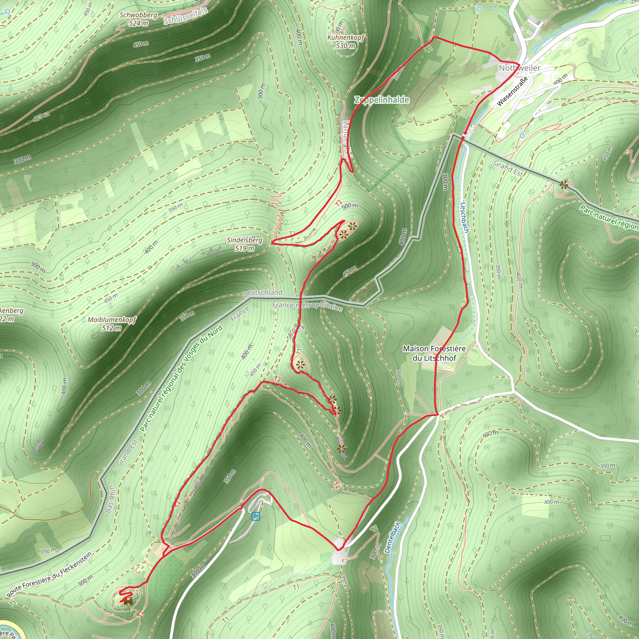 Wegelnburg, Château de Hohenbourg, Schlossberg and Château de Fleckenstein Loop via Wegelnburg Tour mobile static map