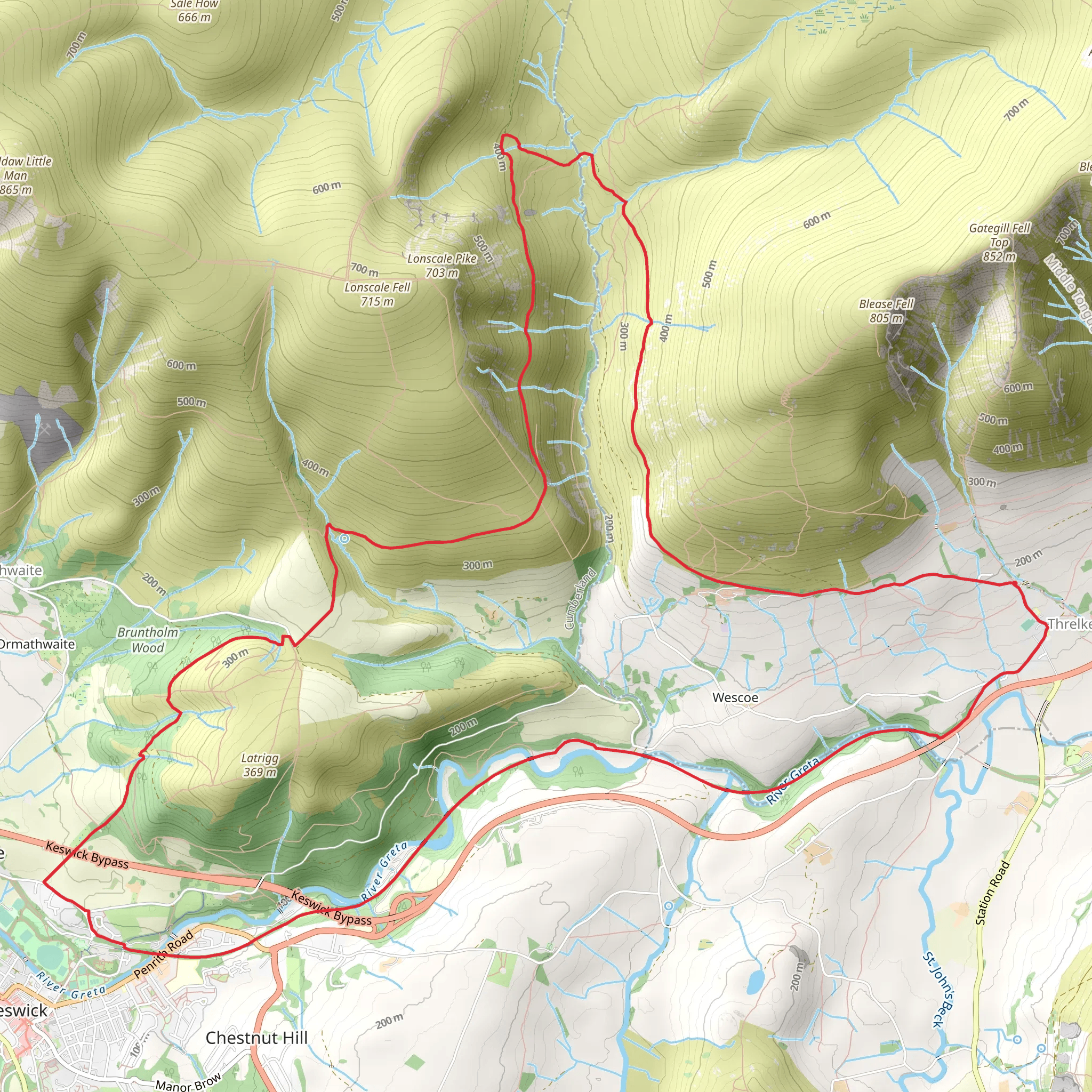 Threlkeld and Old Windlebrowe Loop via River Greta mobile static map