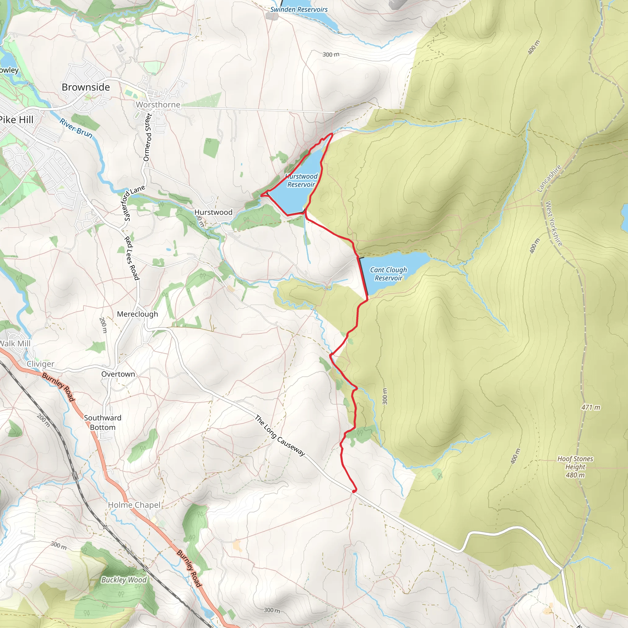 Hurstwood Reservoir Loop via Cant Clough Reservoir mobile static map