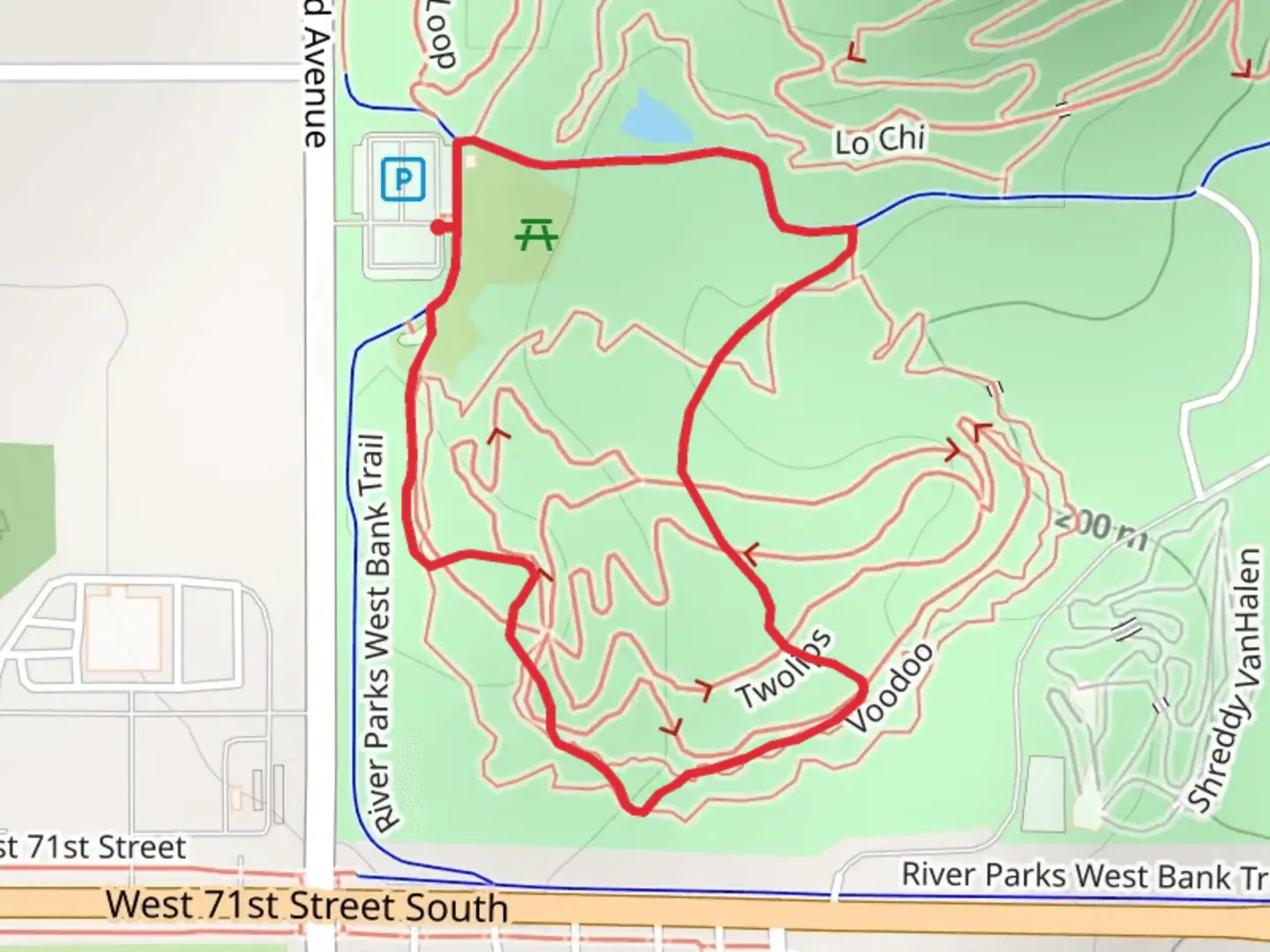 An image depicting the trail Red Loop Trail - South Elwood Avenue and its surrounding area.