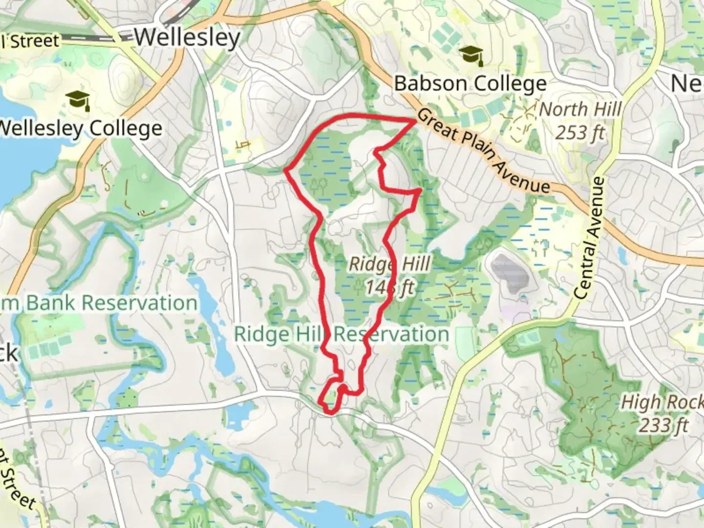 An image depicting the trail Needham - Ridge Hill Loop Trail and its surrounding area.