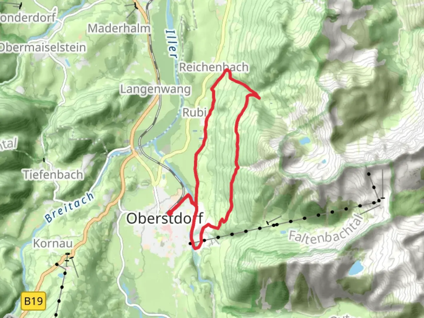 An image depicting the trail Dummelsmoos, Rubi, Gaisalpkapelle and Faltenbach Loop and its surrounding area.