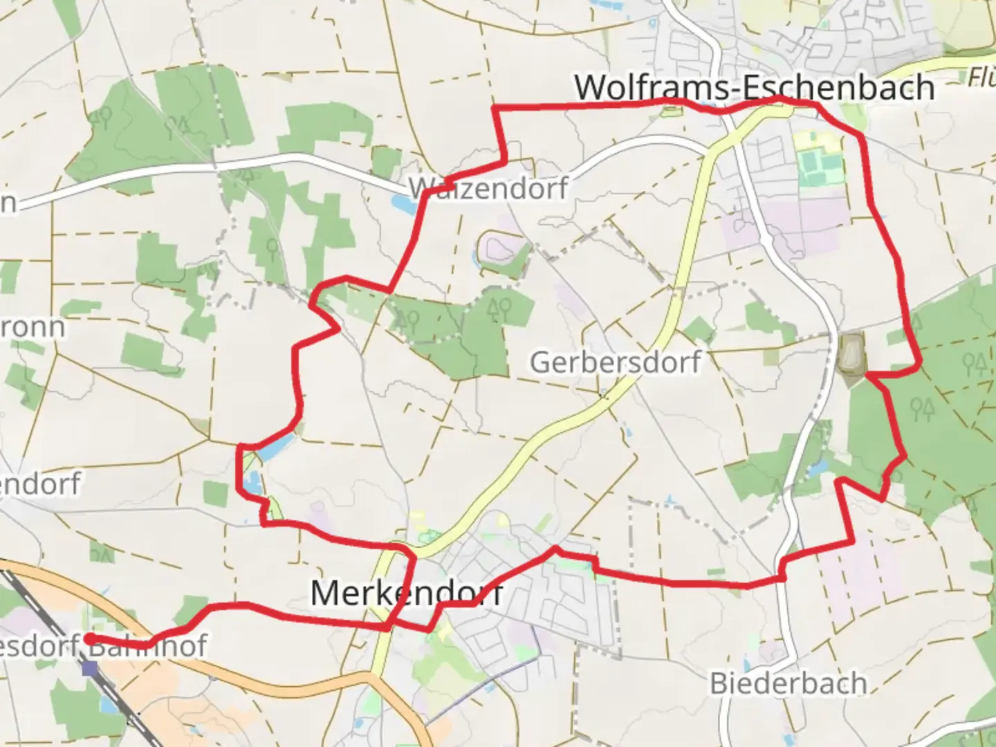 An image depicting the trail Merkendorf to Wolframseschenbach Loop and its surrounding area.