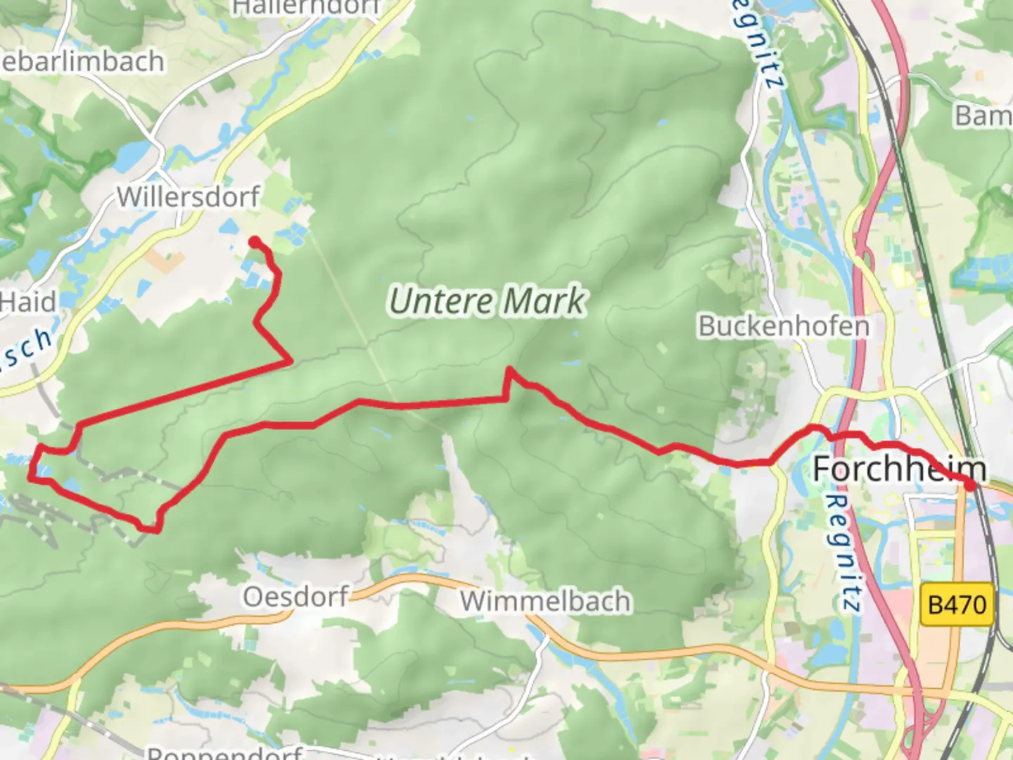 An image depicting the trail Forchheim to Untere Mark Walk and its surrounding area.