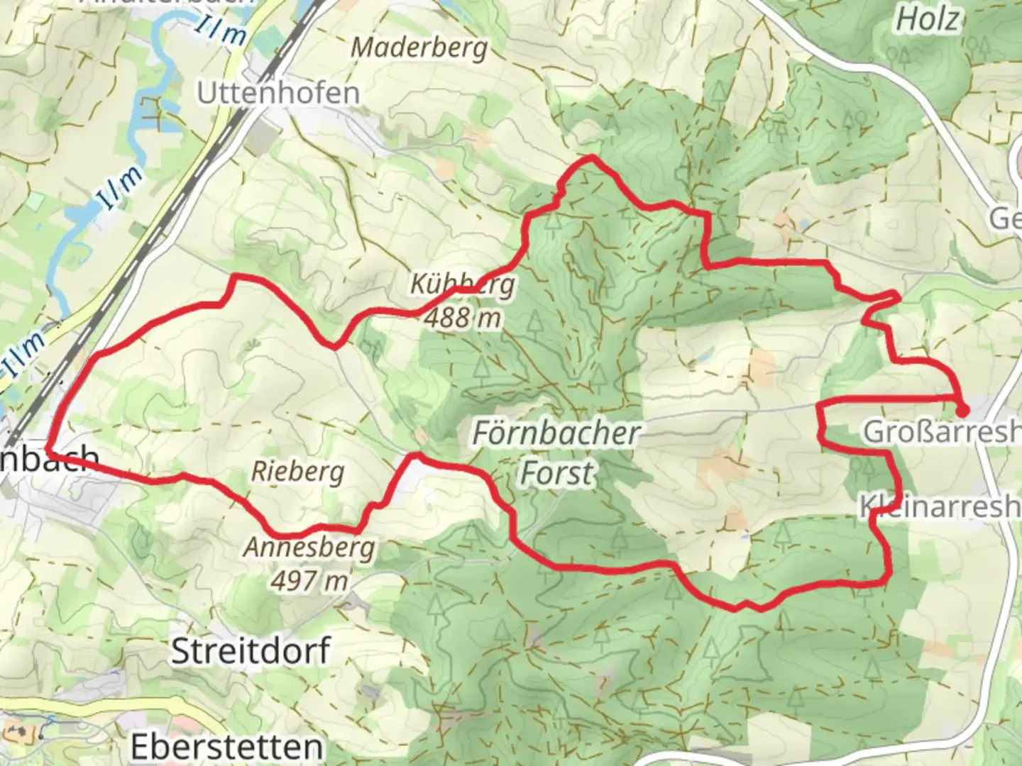 An image depicting the trail Kühberg and Förnbachstraße Loop and its surrounding area.