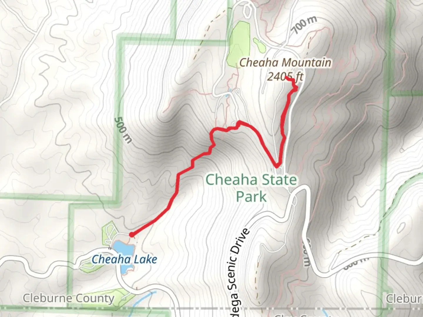 An image depicting the trail Cheaha Mountain via Lake Trail and its surrounding area.