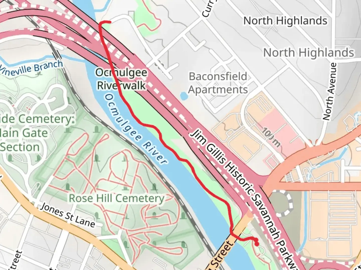 An image depicting the trail Ocmulgee Riverwalk from Spring Street and its surrounding area.