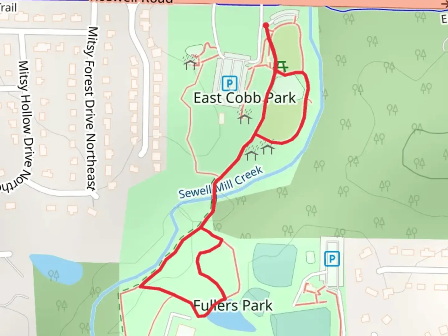 An image depicting the trail Sewell Mill Creek Loop and its surrounding area.