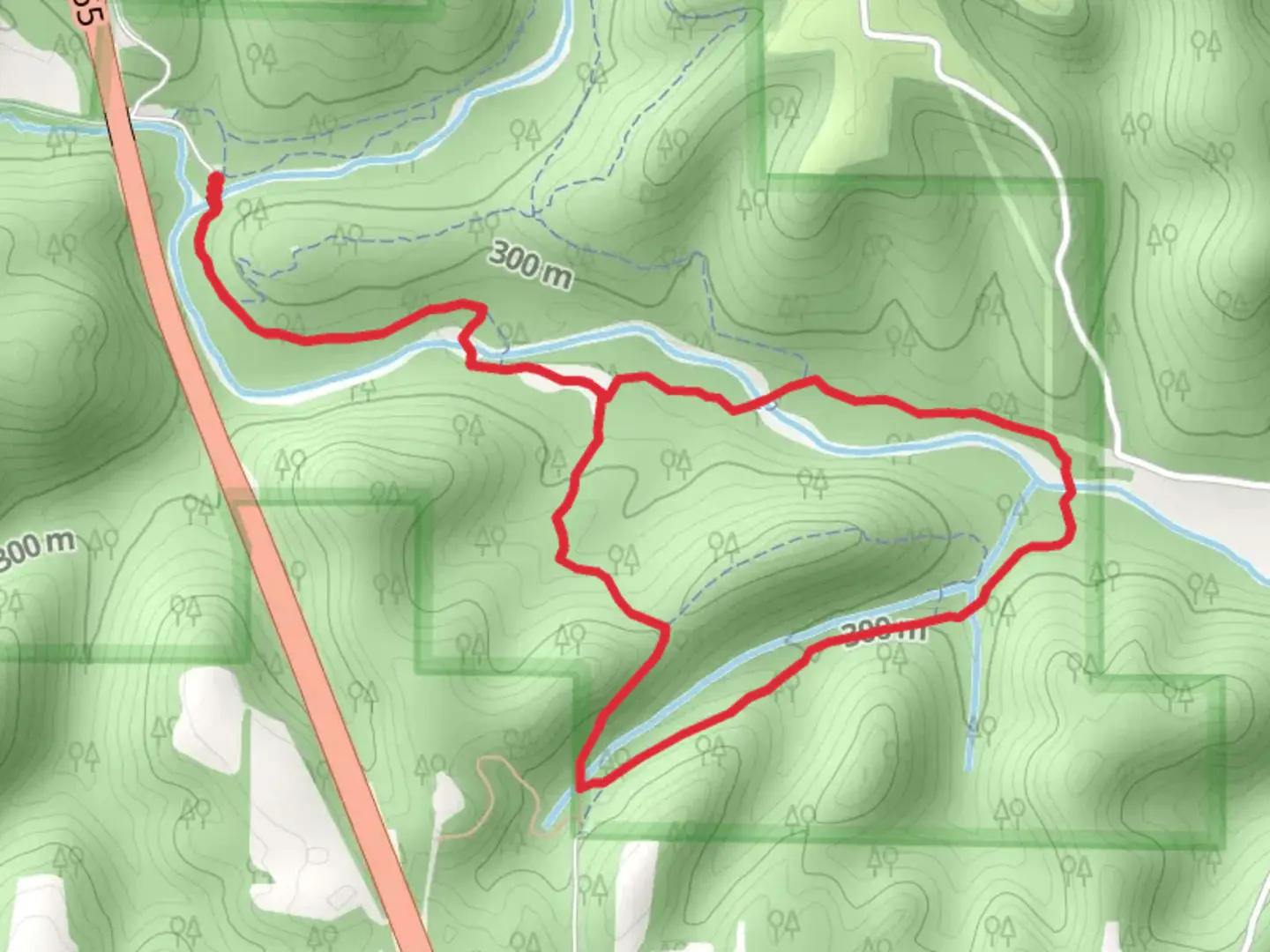 An image depicting the trail Busiek Yellow Loop via Busiek Red Trail and its surrounding area.