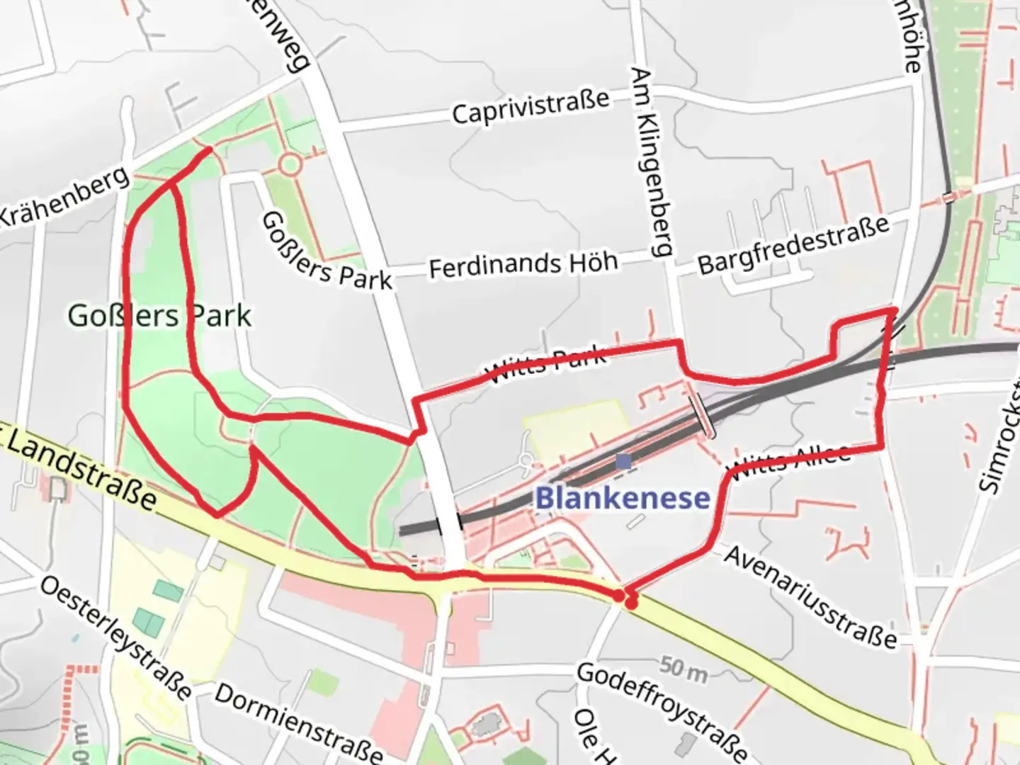An image depicting the trail Goßlers Park Loop and its surrounding area.