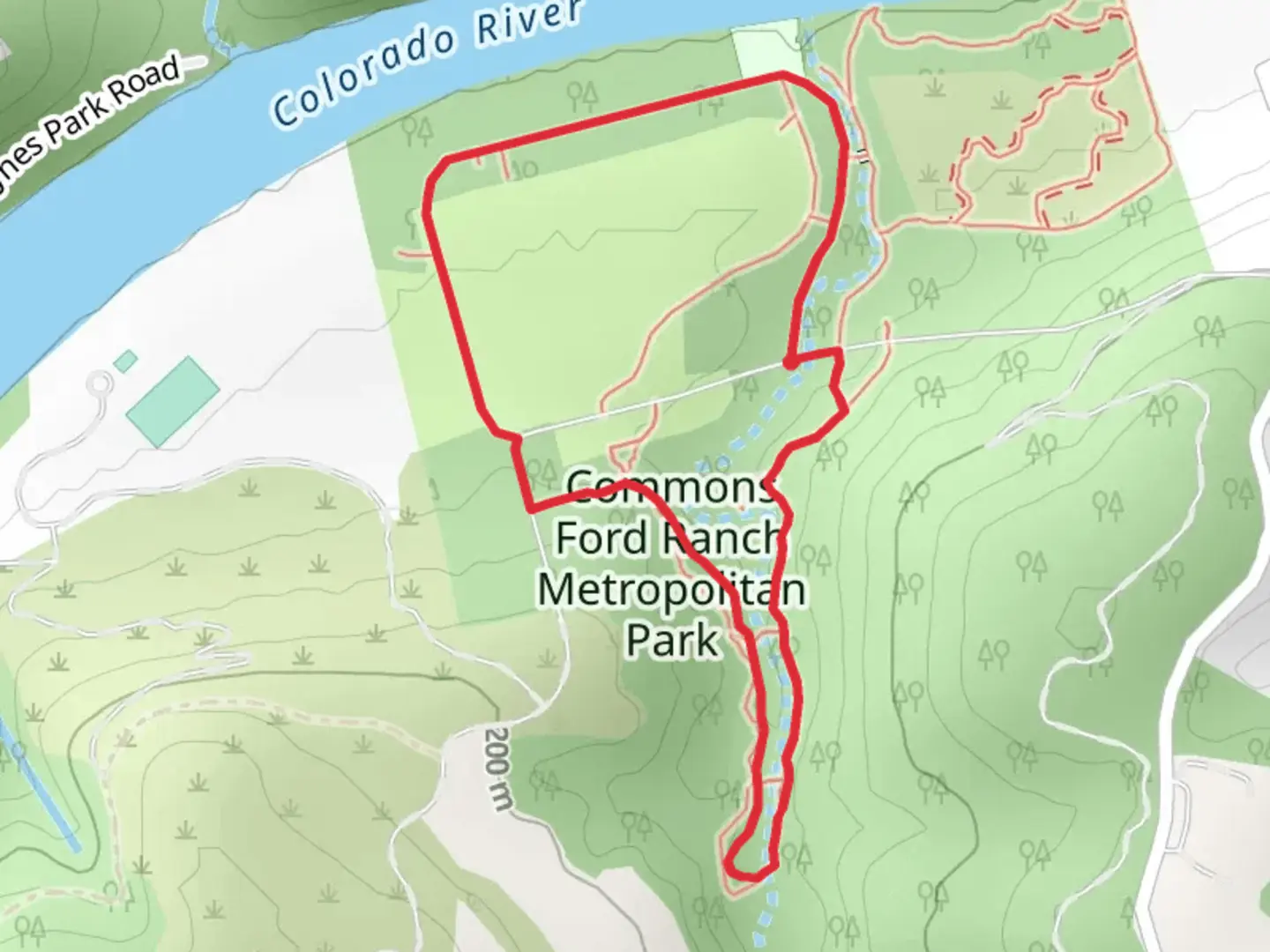 An image depicting the trail Commons Ford Ranch Metropolitan Park Loop and its surrounding area.