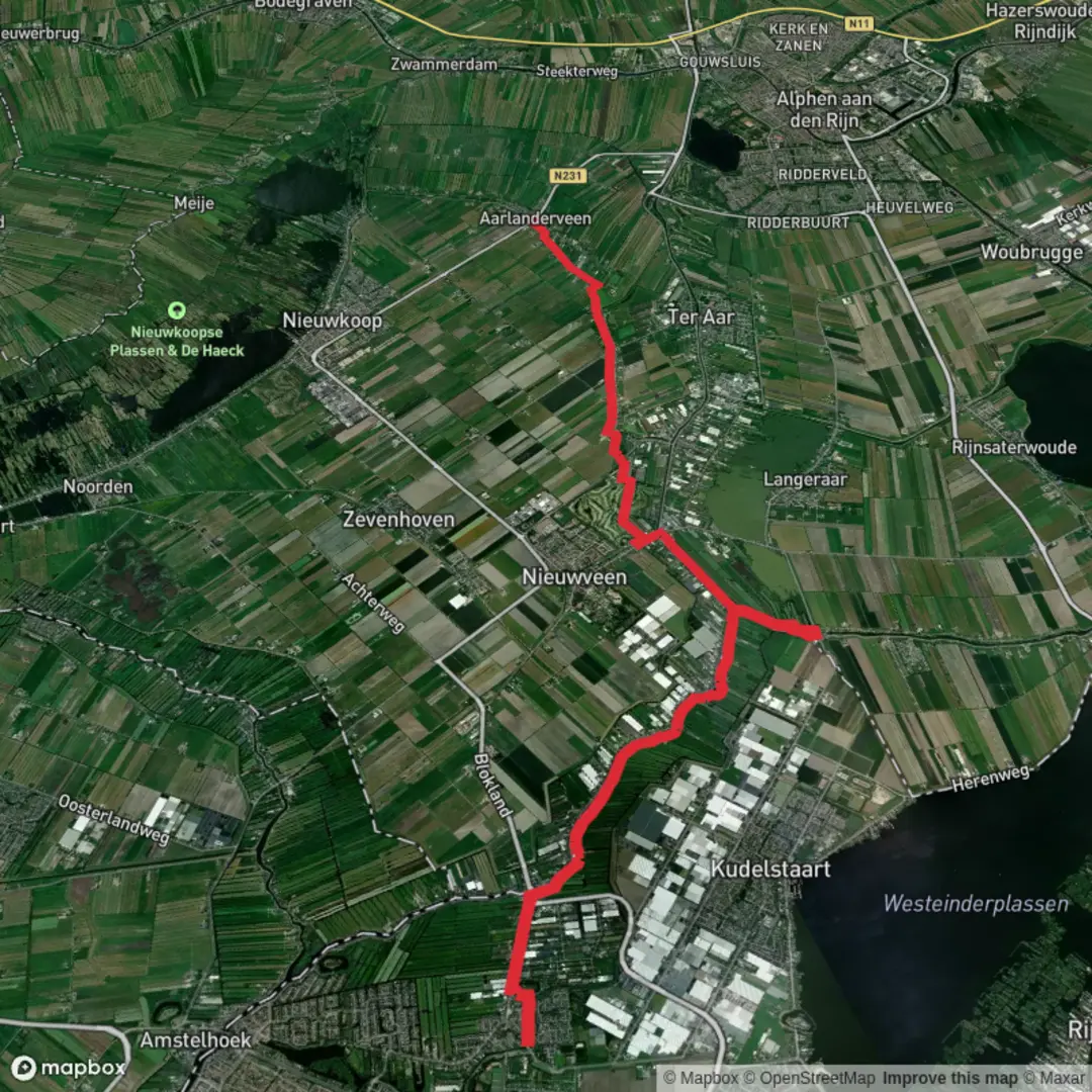 An image depicting the trail De kuil to Nieuwkoopseweg via Kalslagerpolder and Geerpolder and its surrounding area.