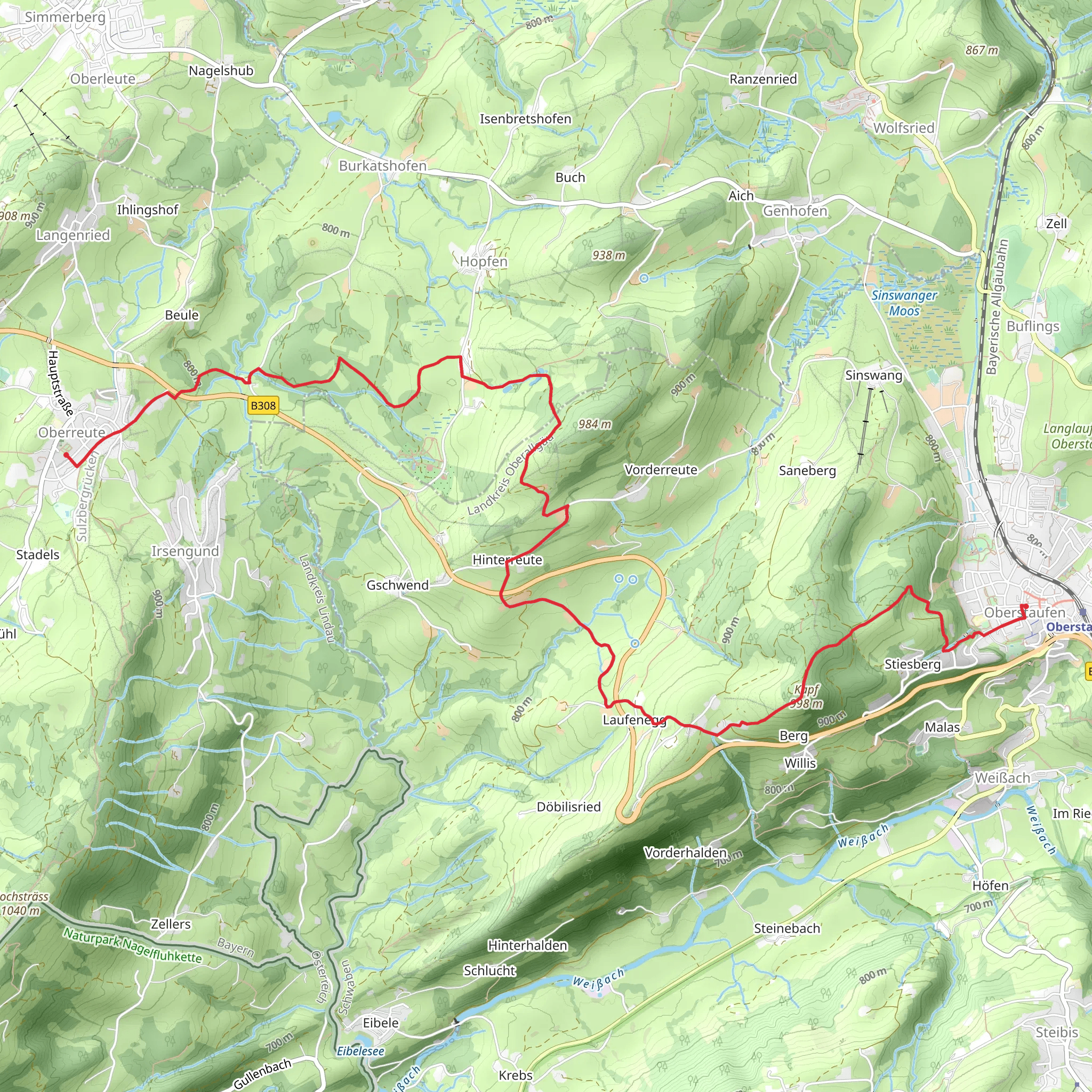 Oberstaufen to Oberreute via Wasserlaeufer Route mobile static map