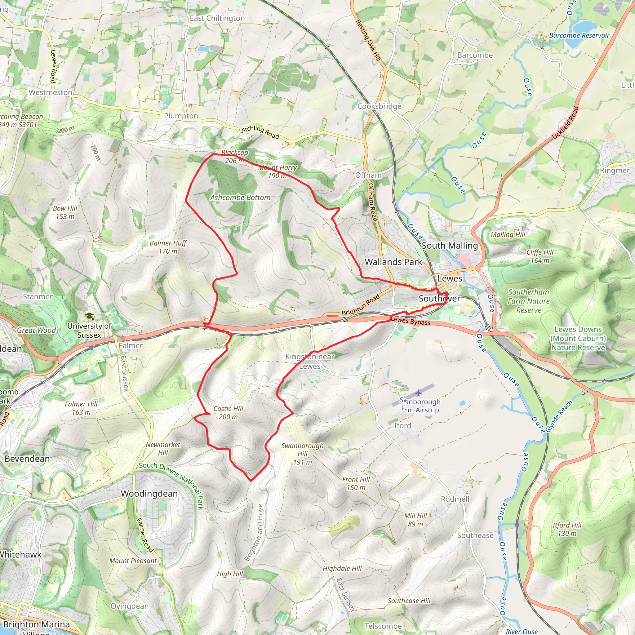 Lewes Loop via Ashcombe Bottom mobile static map