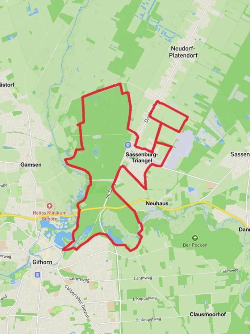 An image depicting the trail Gifhorn and Sassenburg Triangel Loop and its surrounding area.