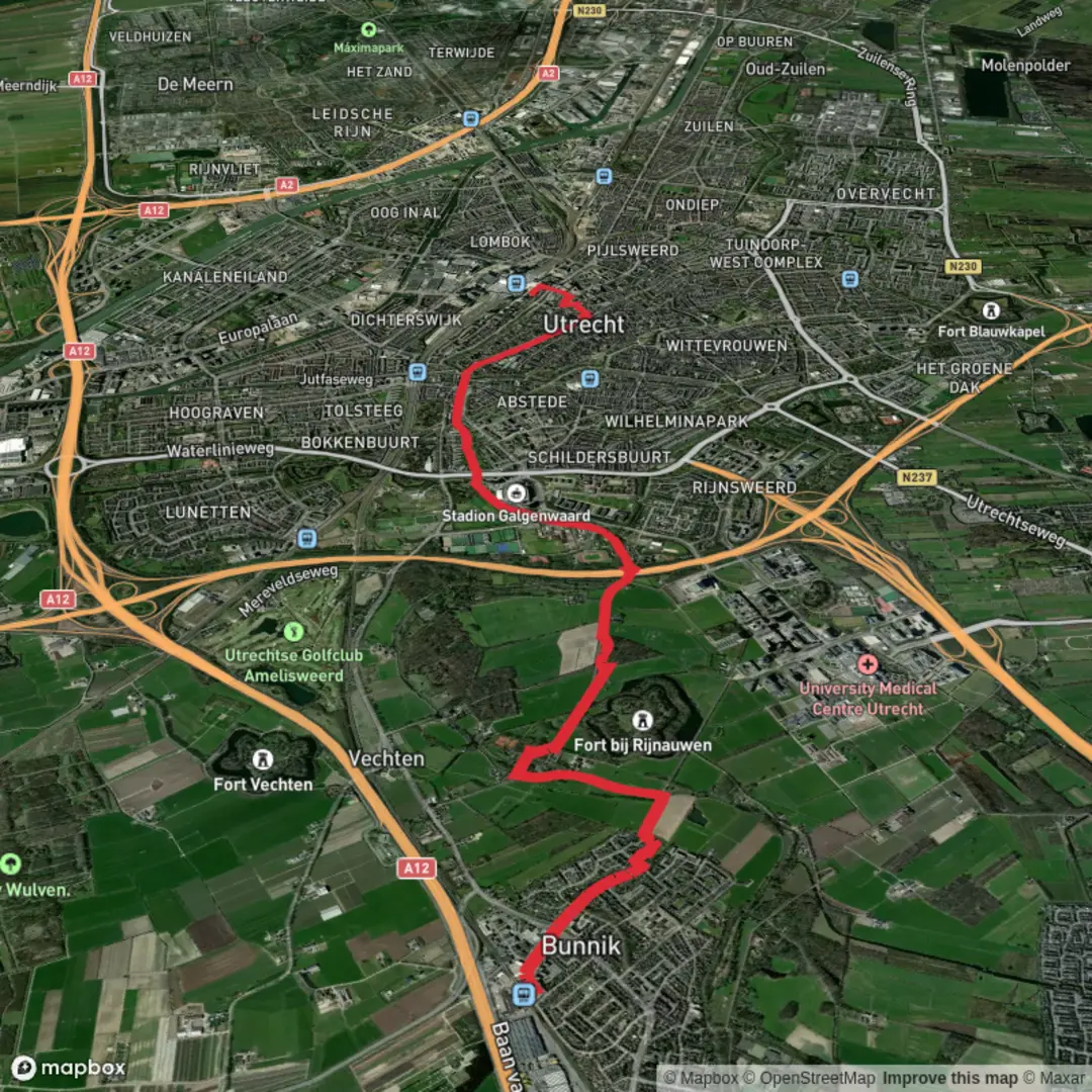 An image depicting the trail Bunnik to Utrecht Centraal via Waterliniepad and Kromme Rijnpad and its surrounding area.