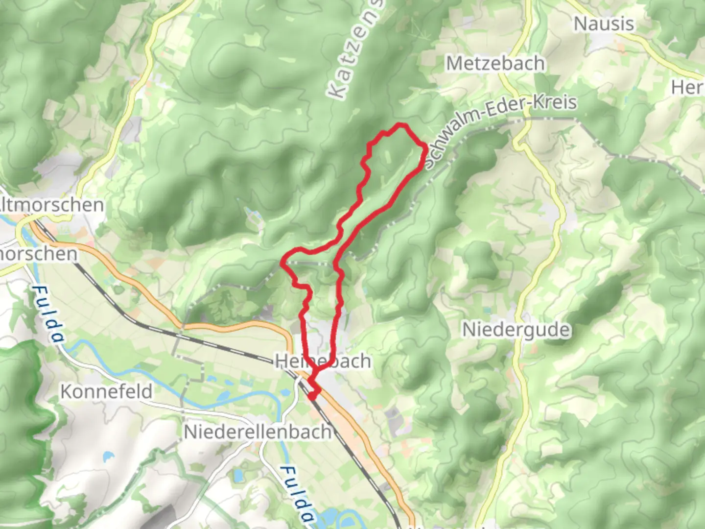 An image depicting the trail Heinebach and Sparnhager Hohe Loop and its surrounding area.