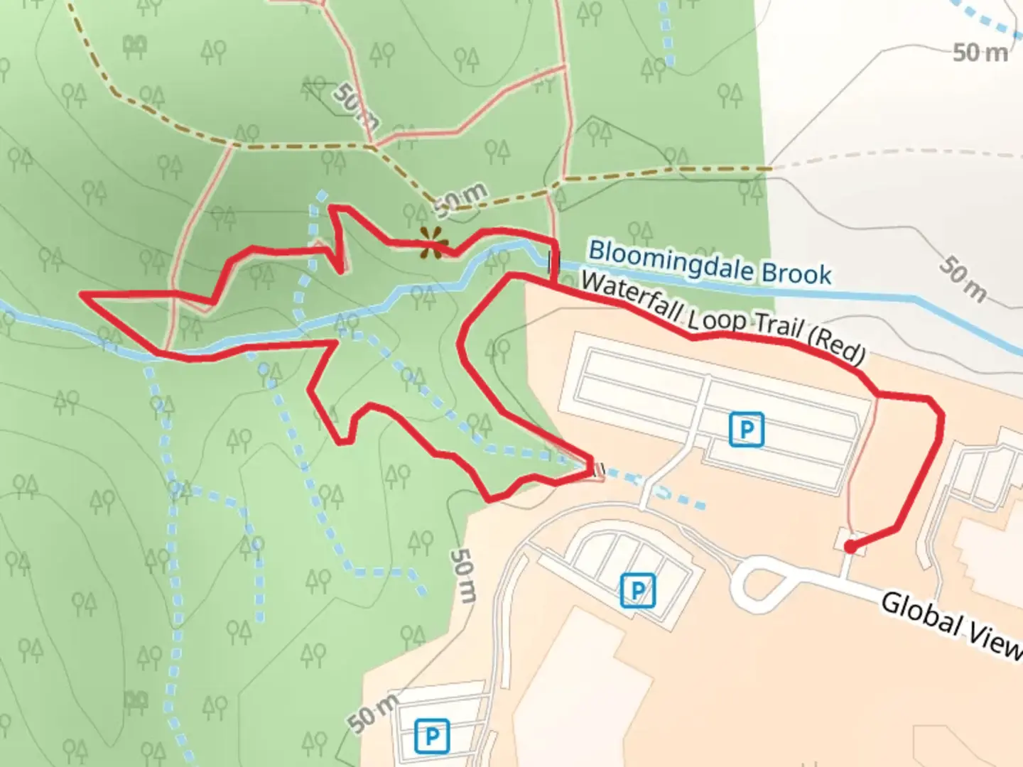 An image depicting the trail Waterfall Loop Trail - Red and its surrounding area.