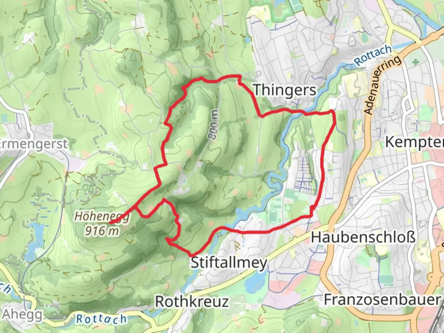 An image depicting the trail Hohenegg and Kempten Loop and its surrounding area.