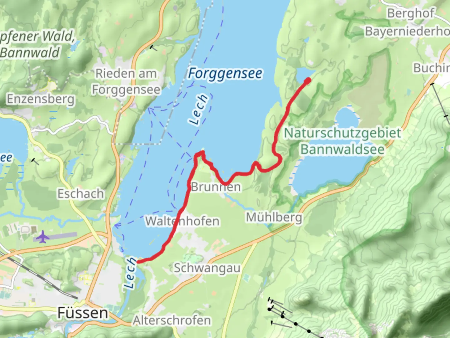 An image depicting the trail Forggensee Shore Walk from Hegratsrieder See and its surrounding area.