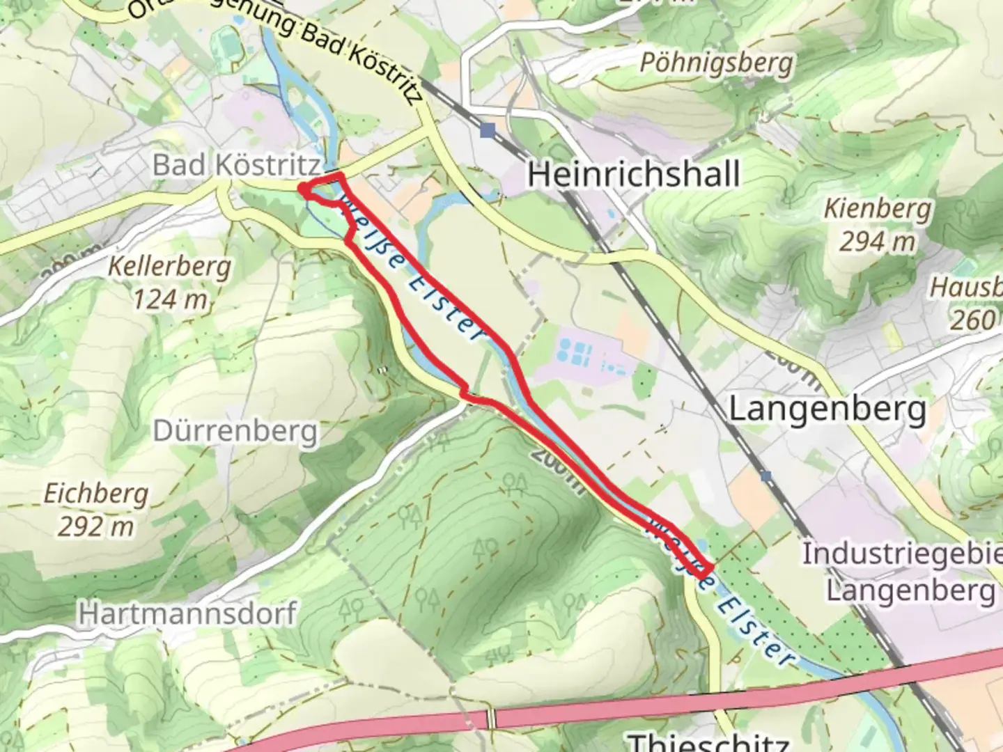 An image depicting the trail Weisse Elster via Thueringen Weg and its surrounding area.