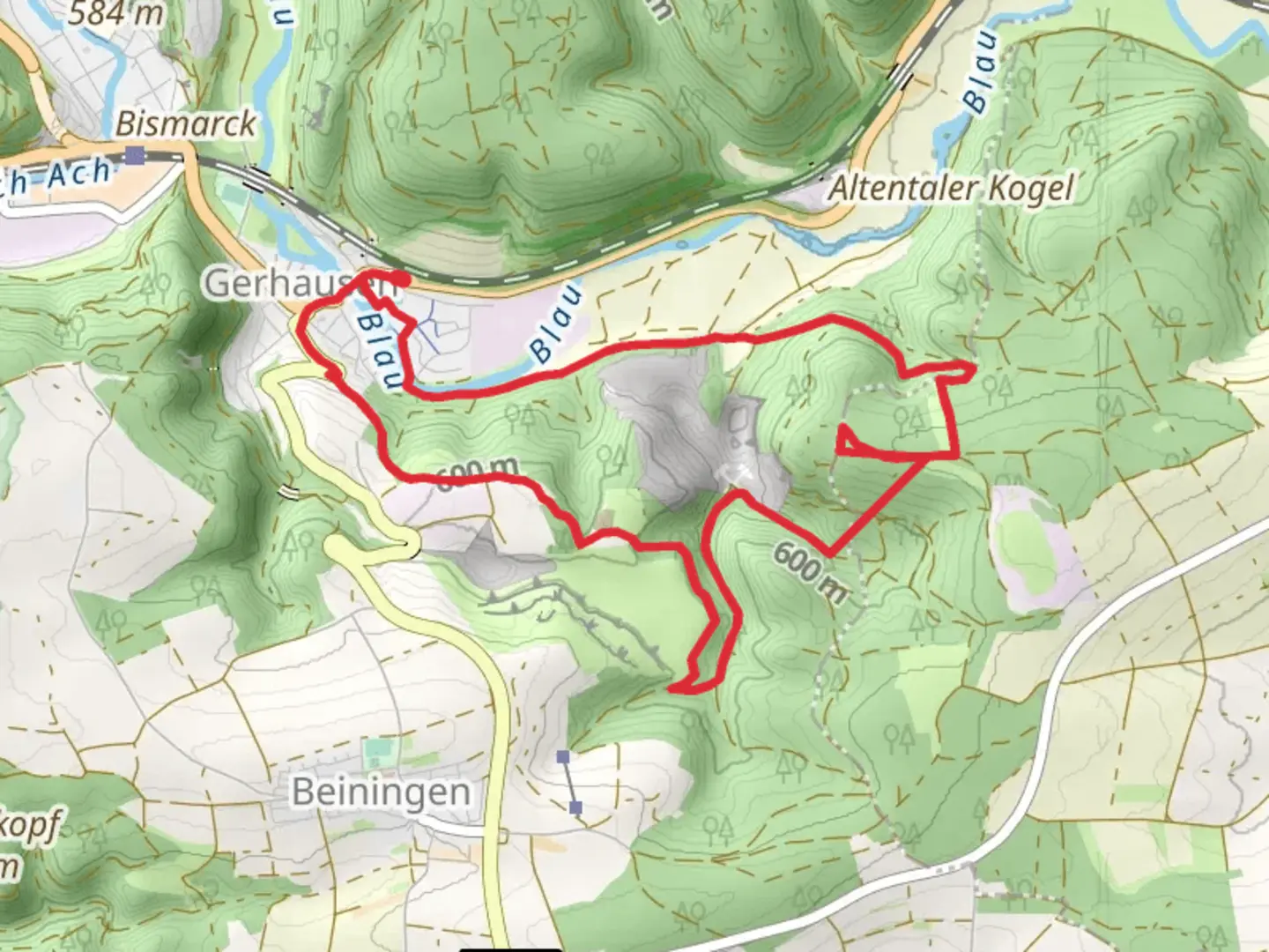 An image depicting the trail Kreuztelle and Winterbuhl Loop via Gerhausen and its surrounding area.