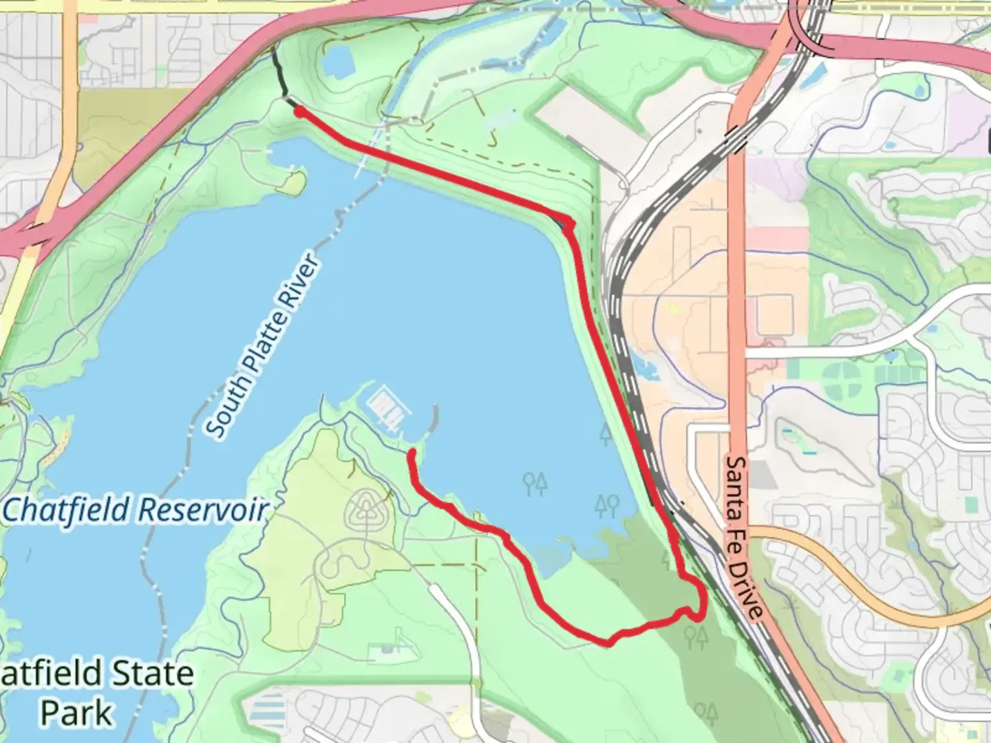 An image depicting the trail Plum Creek via Chatfield Internal Trail and its surrounding area.