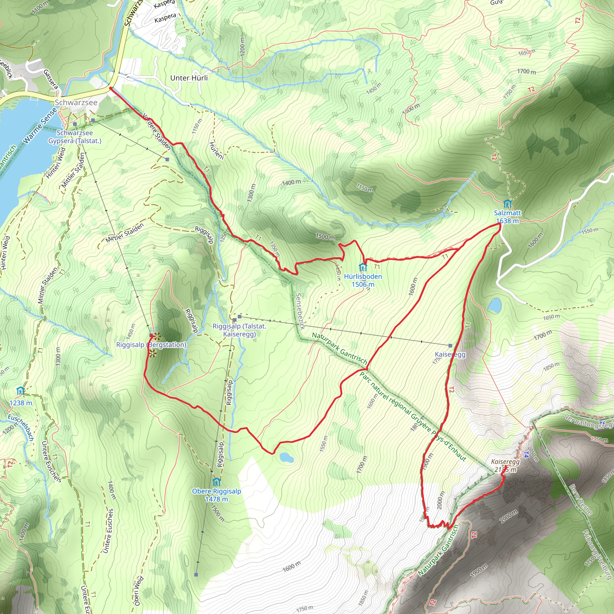 Schwarzsee - Route Riggisalp to Kaiseregg Mountain mobile static map