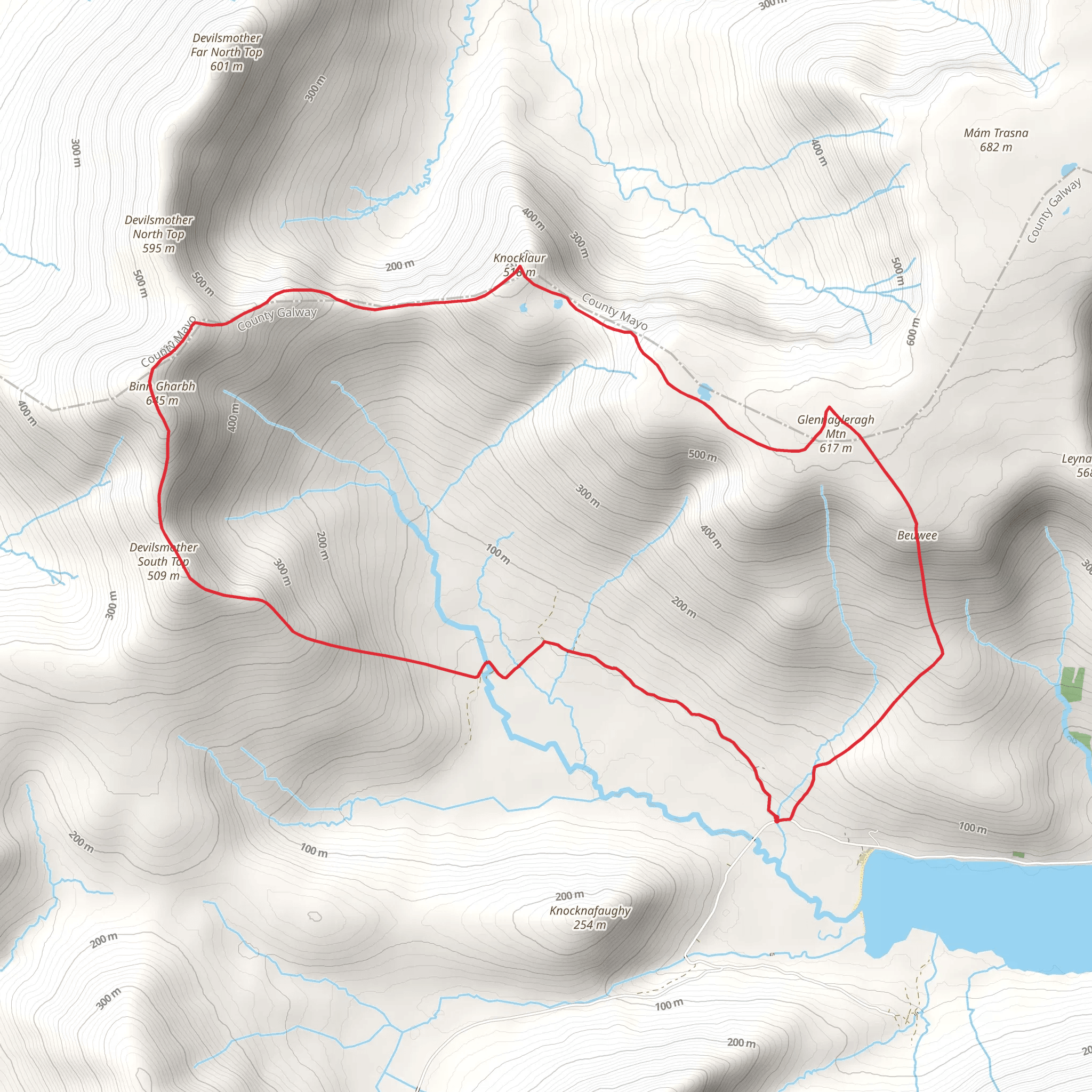 Glennagleragh and Devilsmother Loop from Loch Na Fooey mobile static map