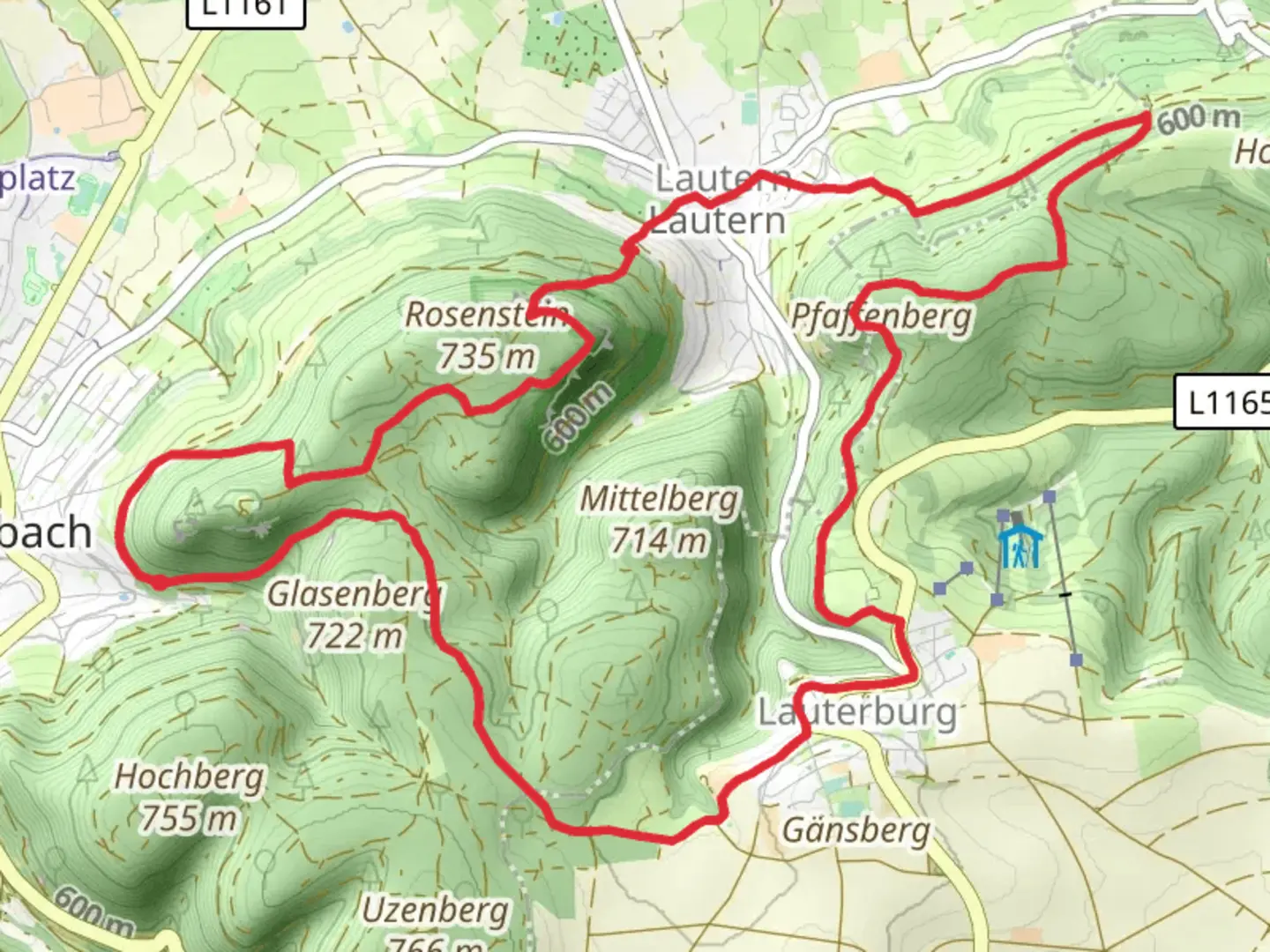 An image depicting the trail Glaubensweg and Wanderblume and its surrounding area.