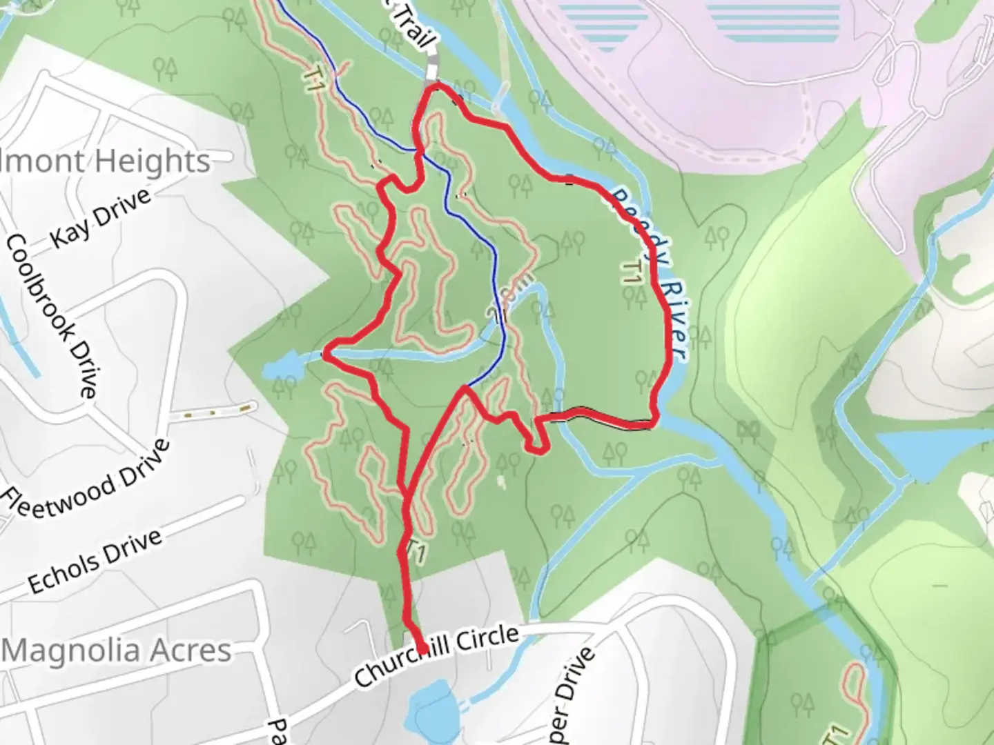 An image depicting the trail Swamp Rabbit, Orange and Tree Frog Loop Trail and its surrounding area.