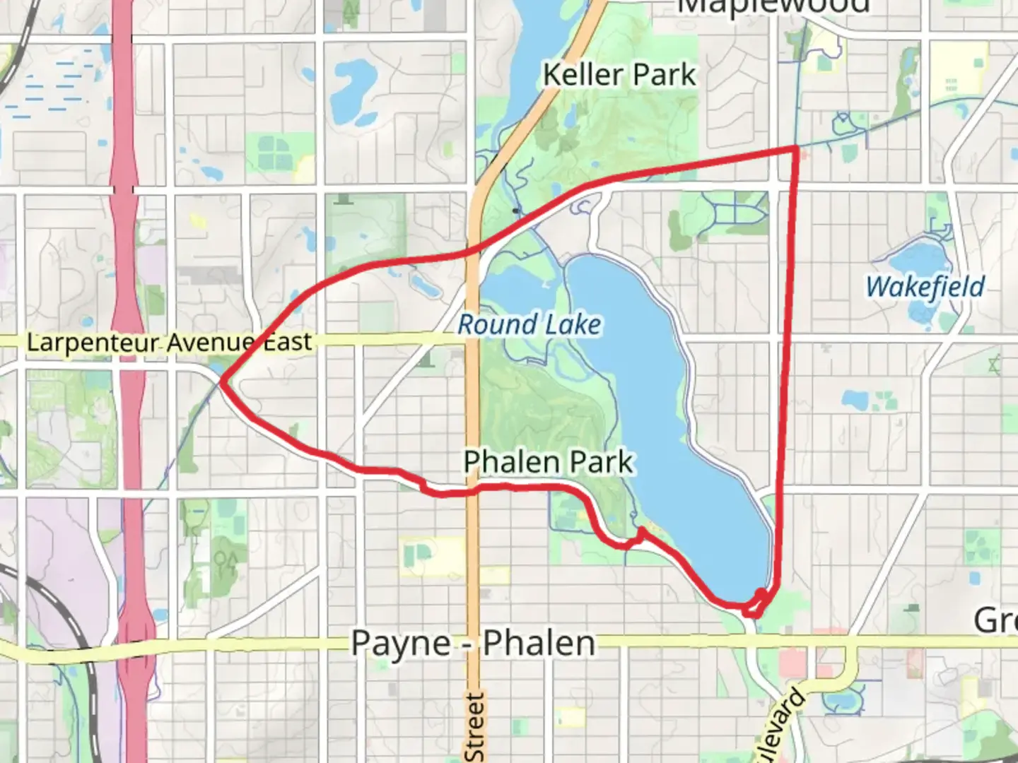 An image depicting the trail Lake Phalen - Gateway State Trail and Bruce Vento Regional Loop Trail and its surrounding area.