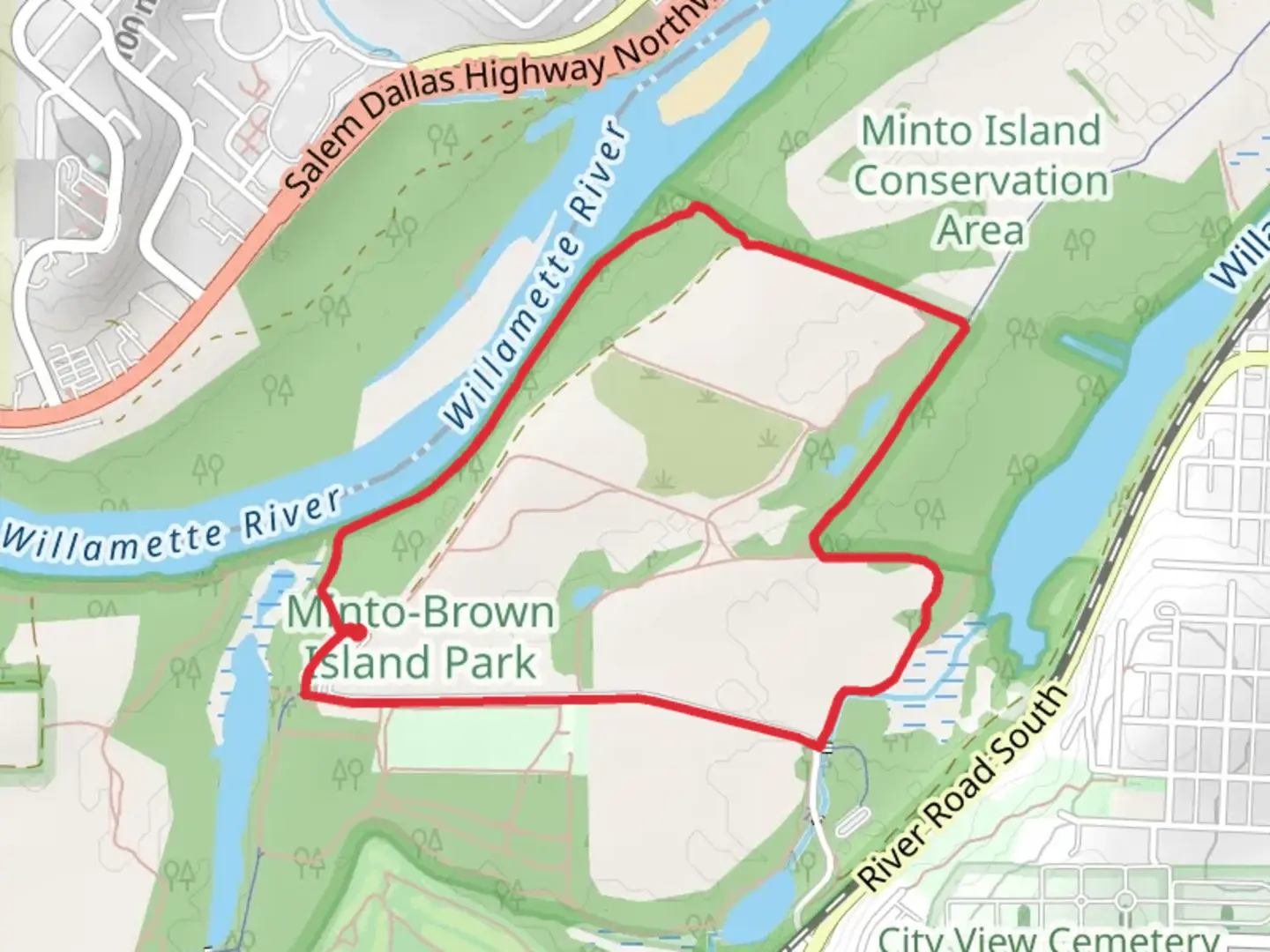 An image depicting the trail Minto Island Loop and its surrounding area.