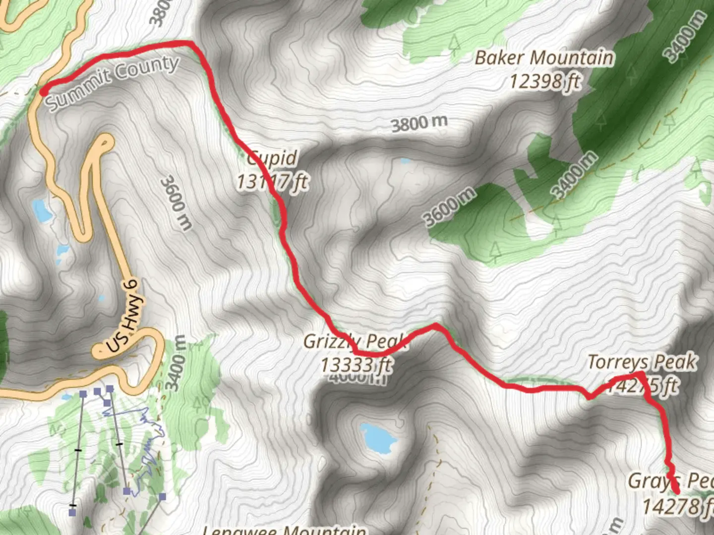An image depicting the trail Cupid, Grizzly Peak and Torreys Peak via Grays Peak Trail and its surrounding area.