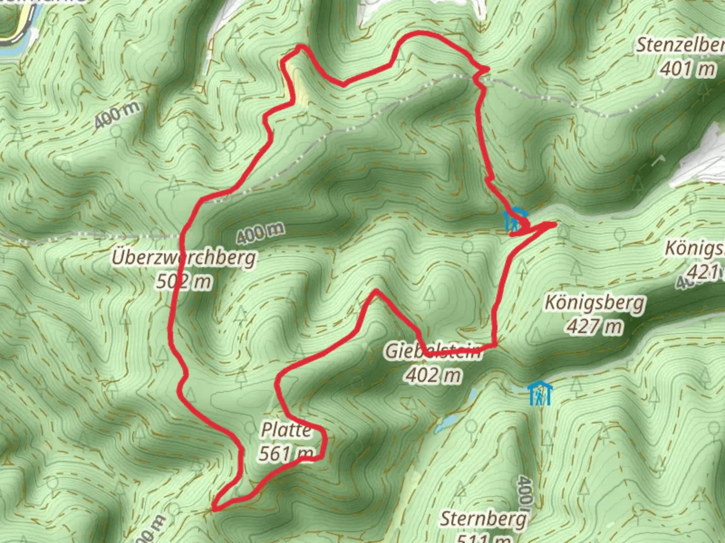An image depicting the trail Überzwerchberg via Pfaelzerwald Gelber Punkt and Jakobsweg Speyer - Metz and its surrounding area.
