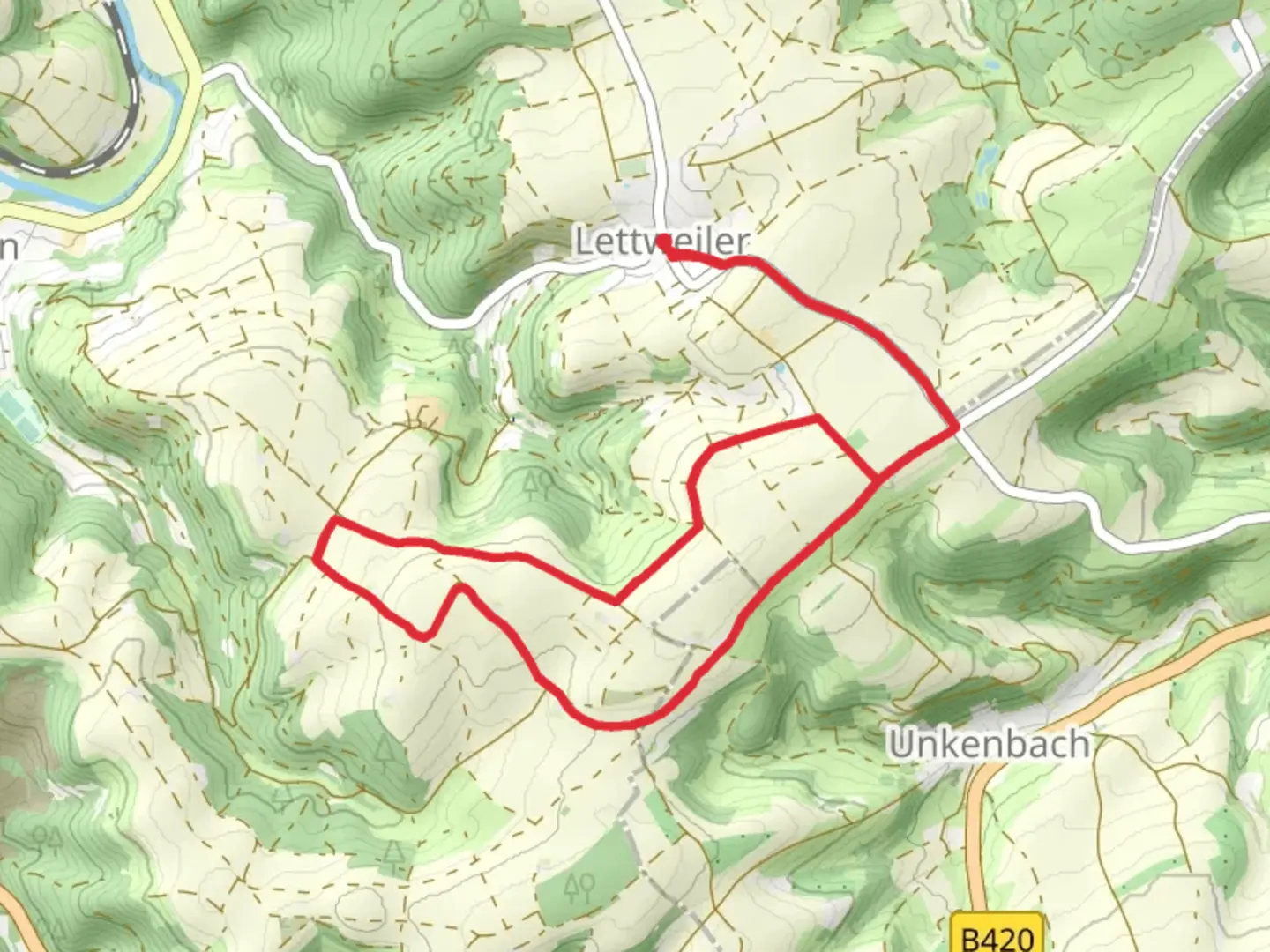 An image depicting the trail Lettweiler Loop and its surrounding area.