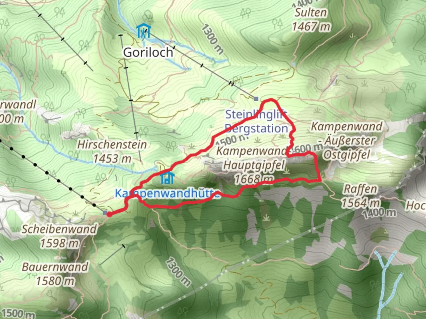 An image depicting the trail Kampenwandhutte and Bergwachthtt via Kampenwandsteig and its surrounding area.