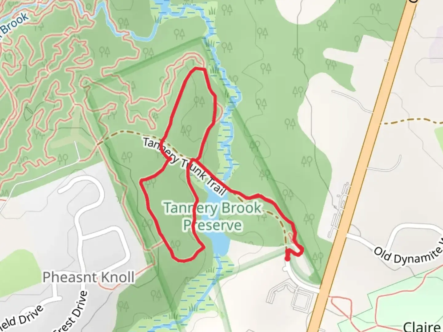 An image depicting the trail Tanney Brrok via Red Pine Loop and Bushwhack Loop and its surrounding area.