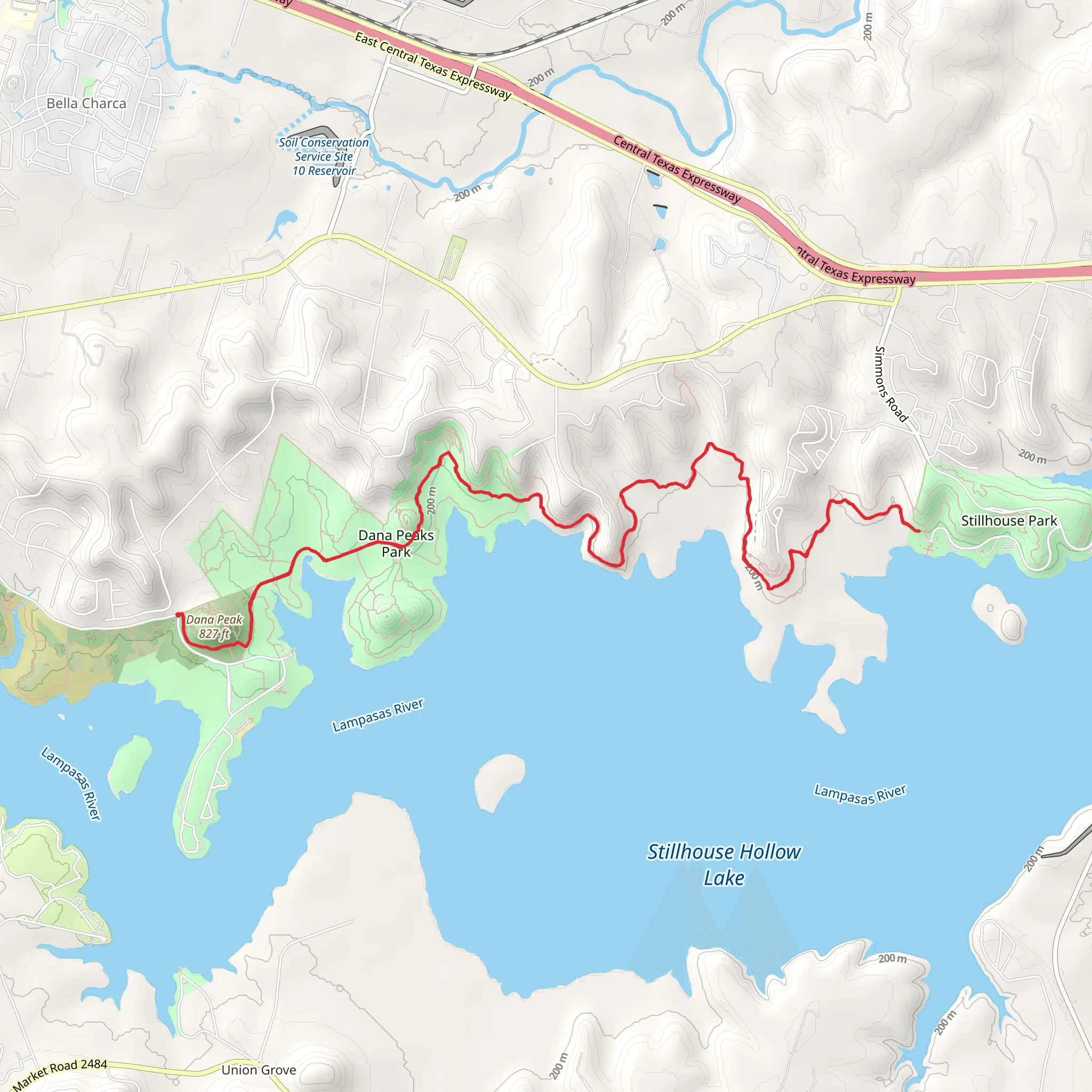 Stillhouse Hollow Lake South Shore walk from Lana Peak mobile static map